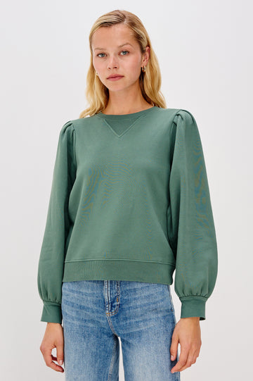 Tiffany Long-Sleeve Sweatshirt with a Crew Neck and Deep Pleated Sleeves in Lake Colorway - Front View Featured on Model