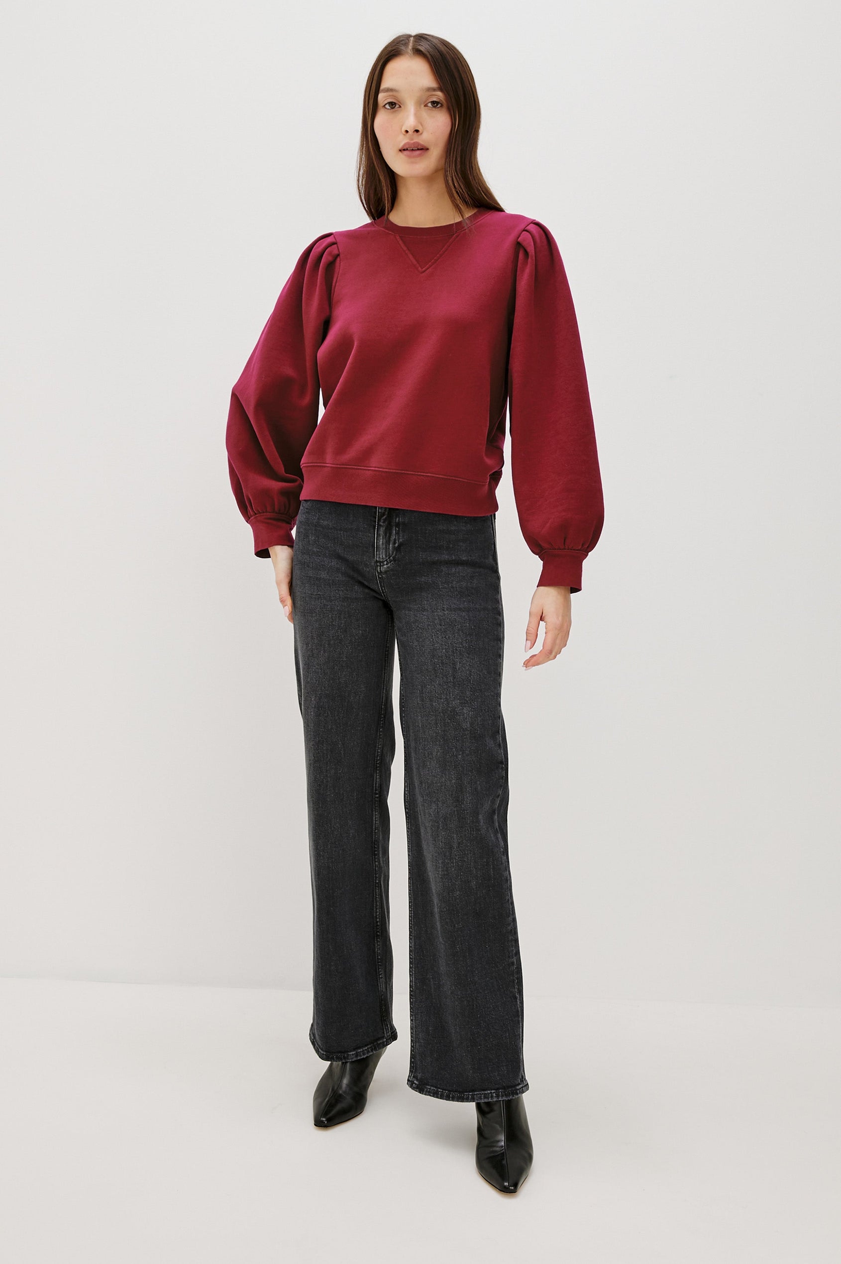 Tiffany Long-Sleeve Sweatshirt with a Crew Neck and Deep Pleated Sleeves in Merlot Colorway - Full Body Front View Featured on Model