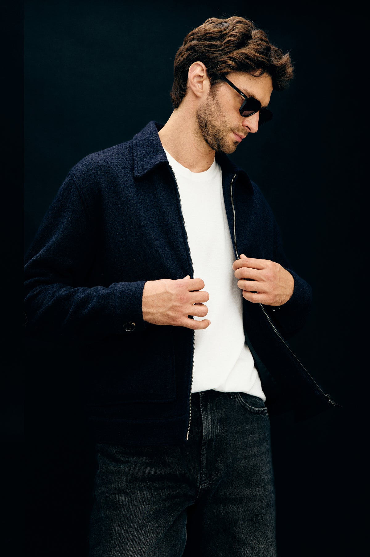 Tillman Front Zip Jacket With Collar, Buttoned Pockets With Top and Side Entry, and Long Sleeves in Navy Boucle Colorway - Upper Body Front View Featured on Model
