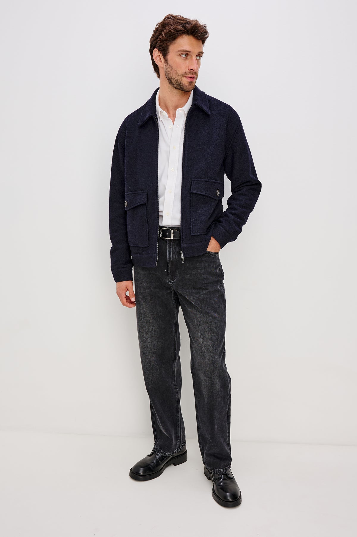 Tilman Zip Front Jacket With Collar, Buttoned Side Flap Pockets, and Logn Sleeves in Navy Boucle Colorway - Full Body Front View Featured on Model