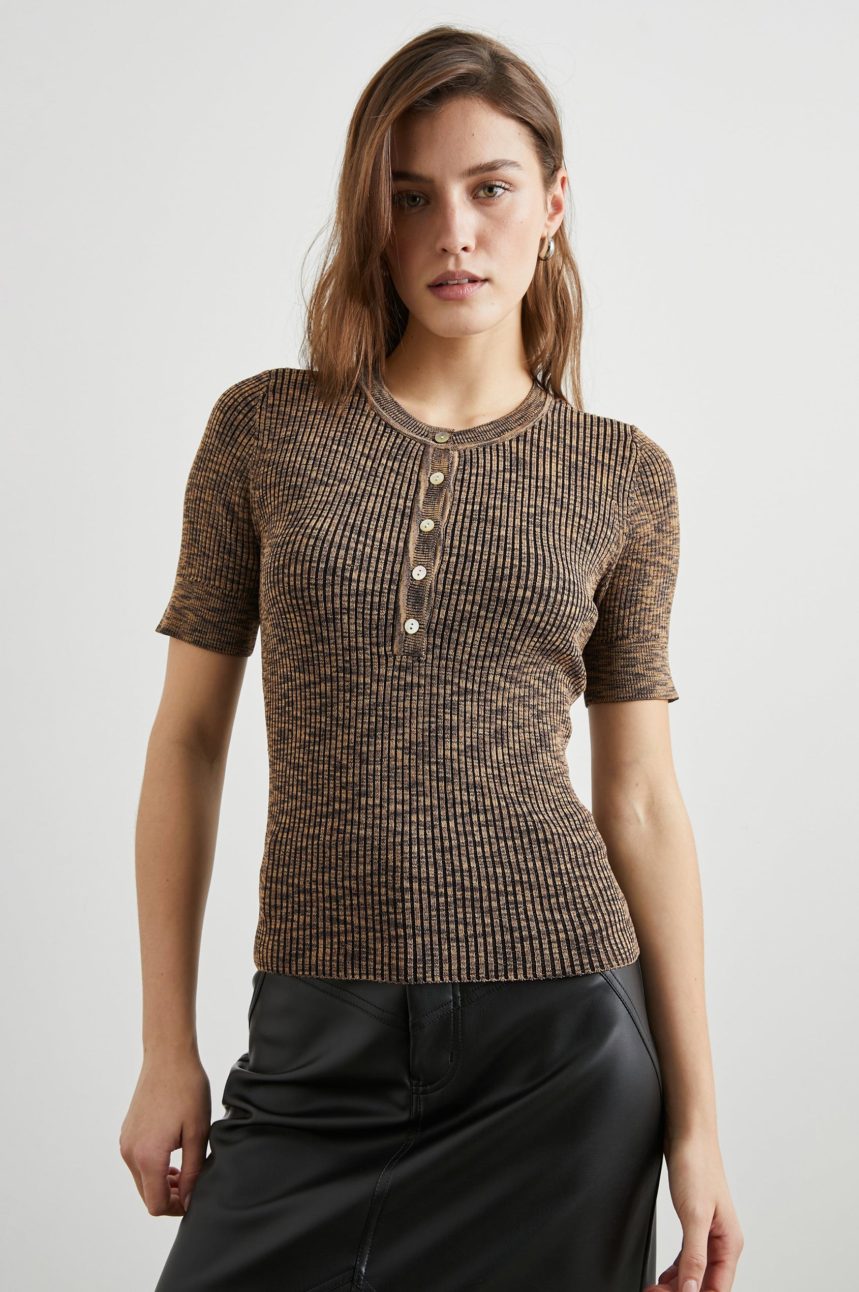 Toni Ribbed Short Sleeve Top with a Five Button Placket in Mocha Space Dye Colorway, Grey Streaks on Mocha - Front View Featured on Model