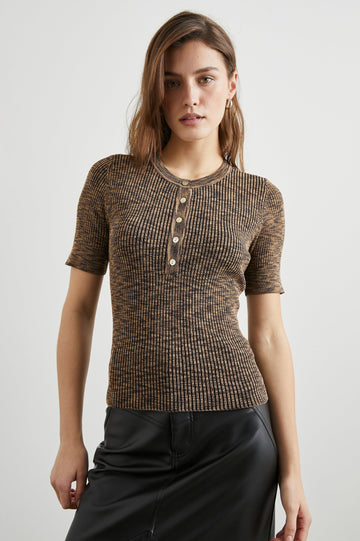 Toni Ribbed Short Sleeve Top with a Five Button Placket in Mocha Space Dye Colorway, Grey Streaks on Mocha - Front View Featured on Model