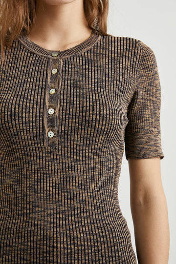 Toni Ribbed Short Sleeve Top with a Five Button Placket in Mocha Space Dye Colorway, Grey Streaks on Mocha - Front View Featured on Model