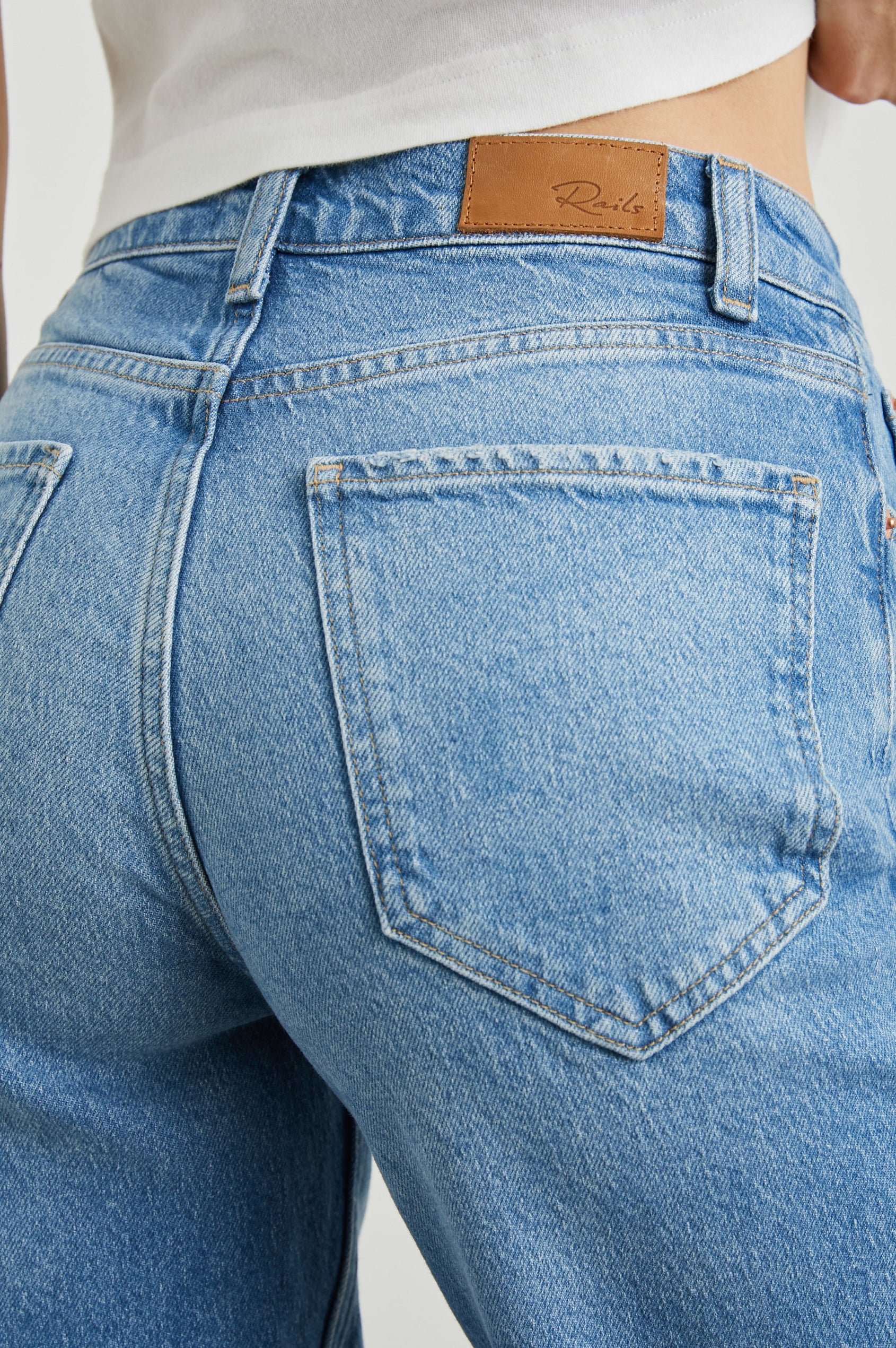 Topanga Straight Jeans with Belt Loops, Two Front Pockets plus a Coin Pocket and Two Back Patch Pockets in Baja Blue Colorway - Back View Featured on Model