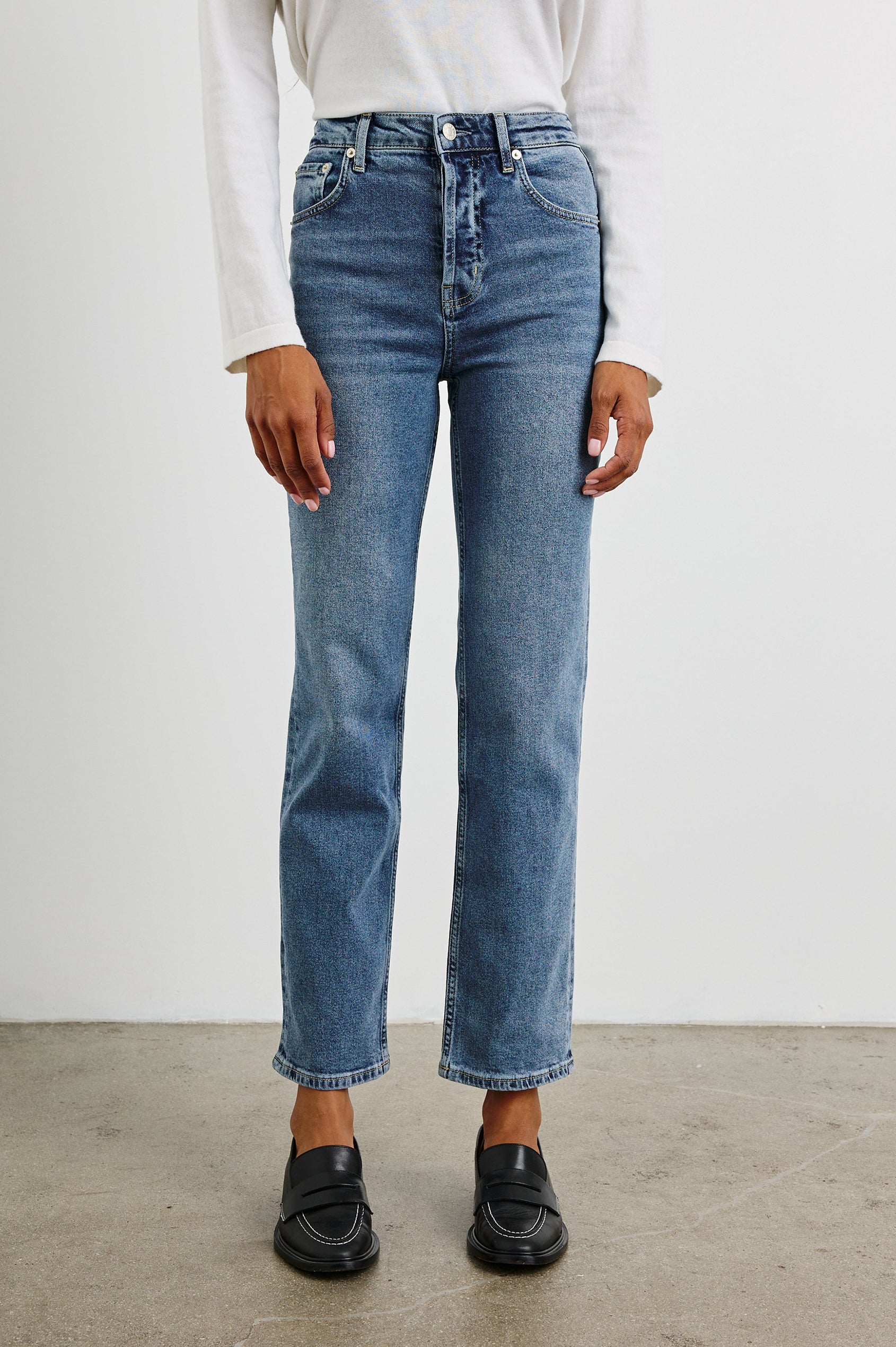 Topanga Straight Jeans with Belt Loops, Two Front Pockets plus a Coin Pocket and Two Back Patch Pockets in Blue Stone Colorway - Front View Featured on Model