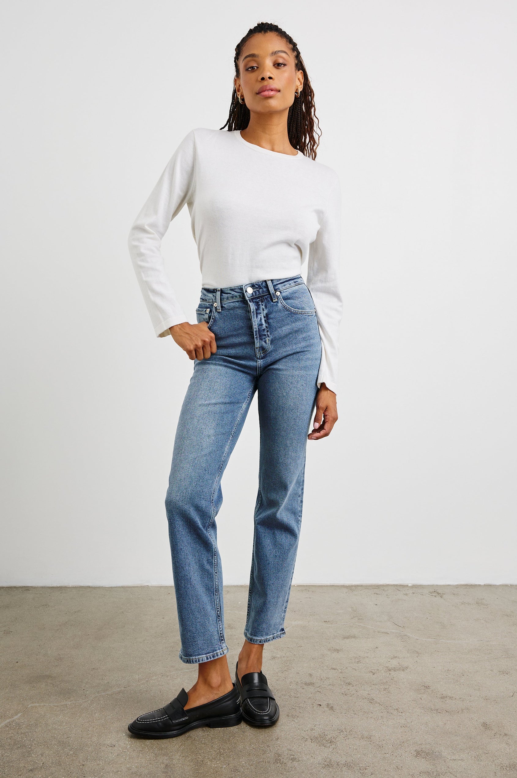 Topanga Straight Jeans with Belt Loops, Two Front Pockets plus a Coin Pocket and Two Back Patch Pockets in Blue Stone Colorway - Front Full Body View Featured on Model