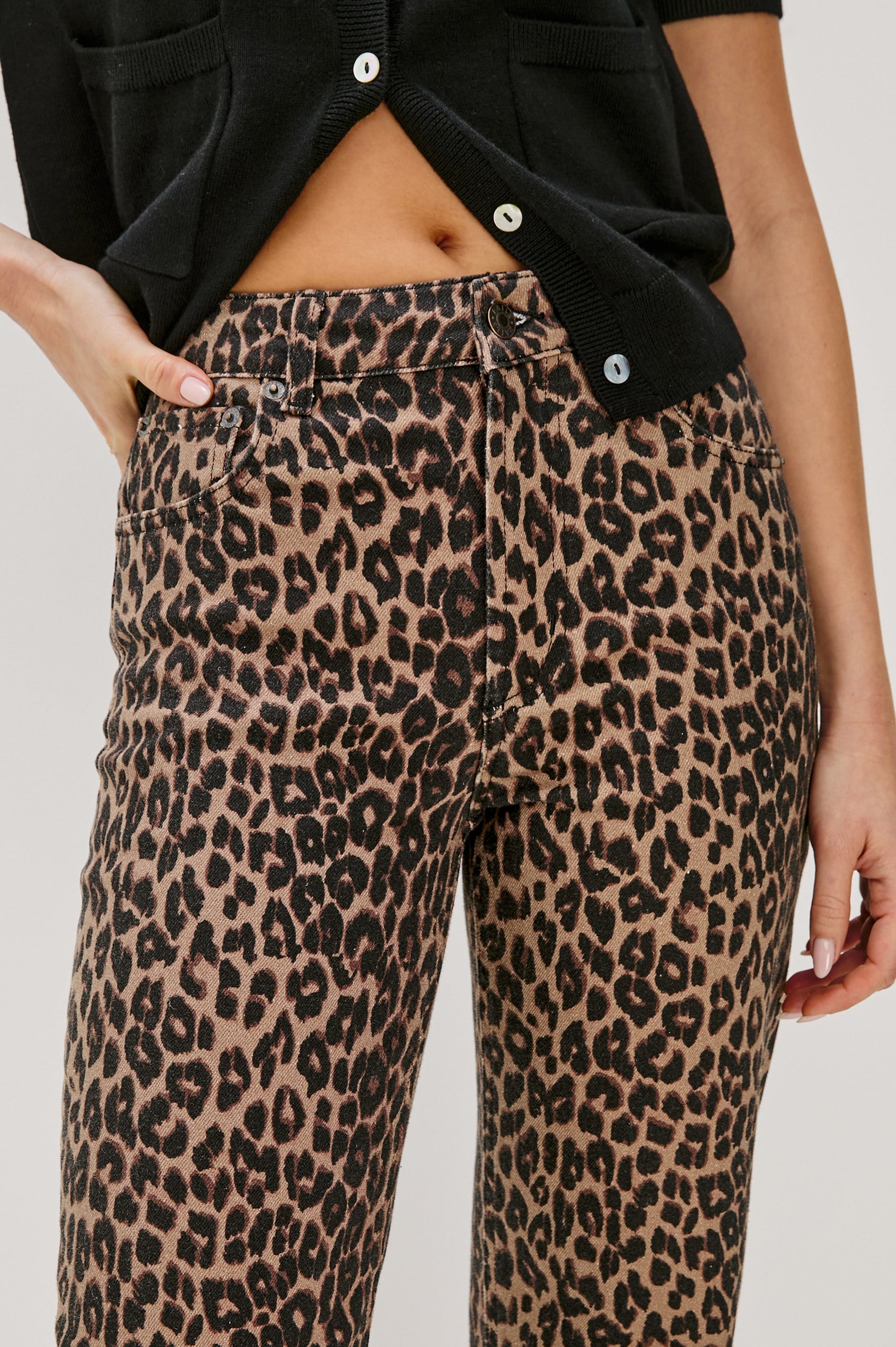 Topanga Straight Jeans with Belt Loops, Two Front Pockets plus a Coin Pocket and Two Back Patch Pockets in Brown Nala Colorway - Front Detail View Featured on Model