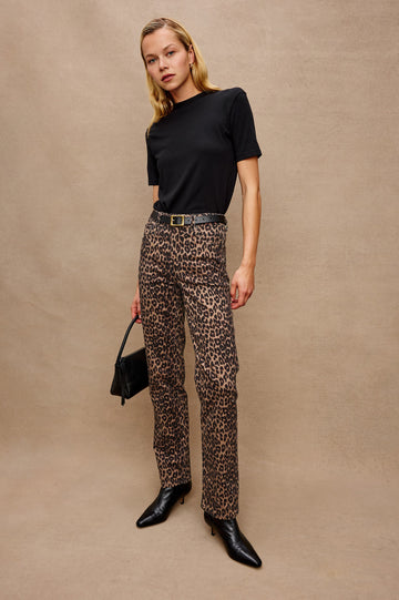 Topanga Straight Jeans with Belt Loops, Two Front Pockets plus a Coin Pocket and Two Back Patch Pockets in Brown Nala Colorway - Full Body Front View Featured on Model