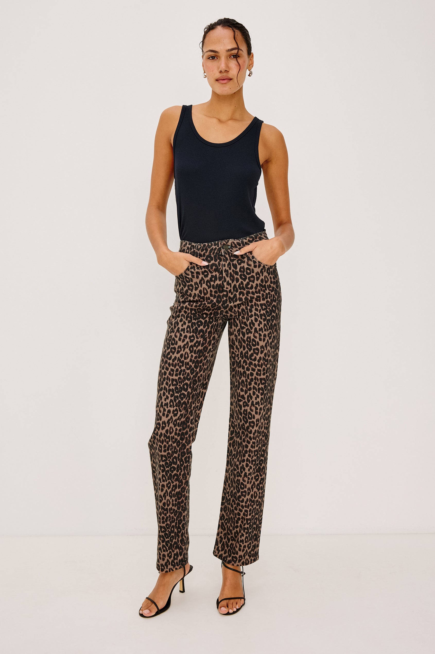 Topanga High-Rise Wide Straight Leg Jean in Dark Wash Denim With 5-Pockets and a Front Zip-Fly in Midnight Blues Colorway - Front View Featured on Model