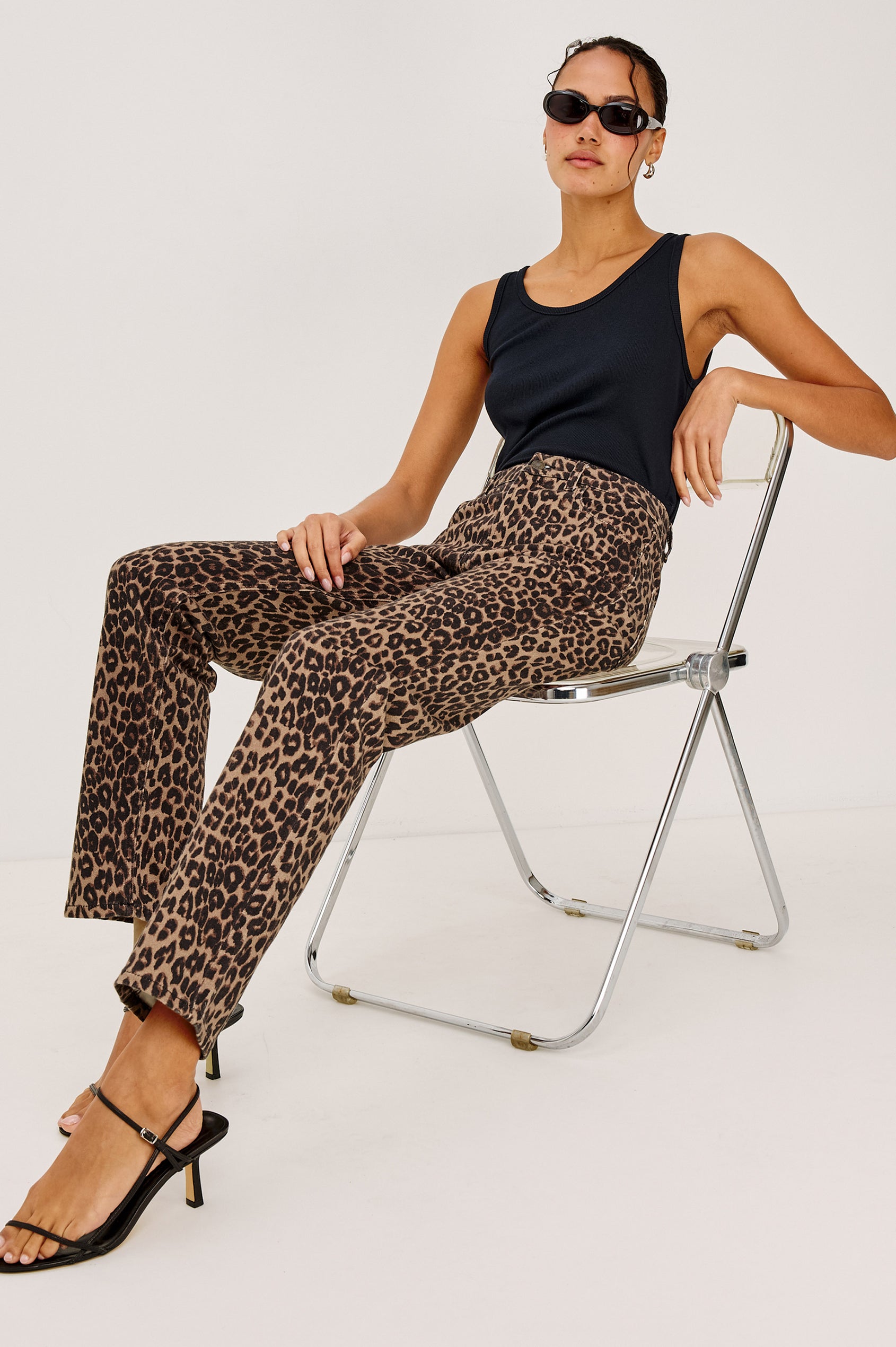 Topanga High-Rise Wide Straight Leg Jean in Dark Wash Denim With 5-Pockets and a Front Zip-Fly in Midnight Blues Colorway - Front View Featured on Model