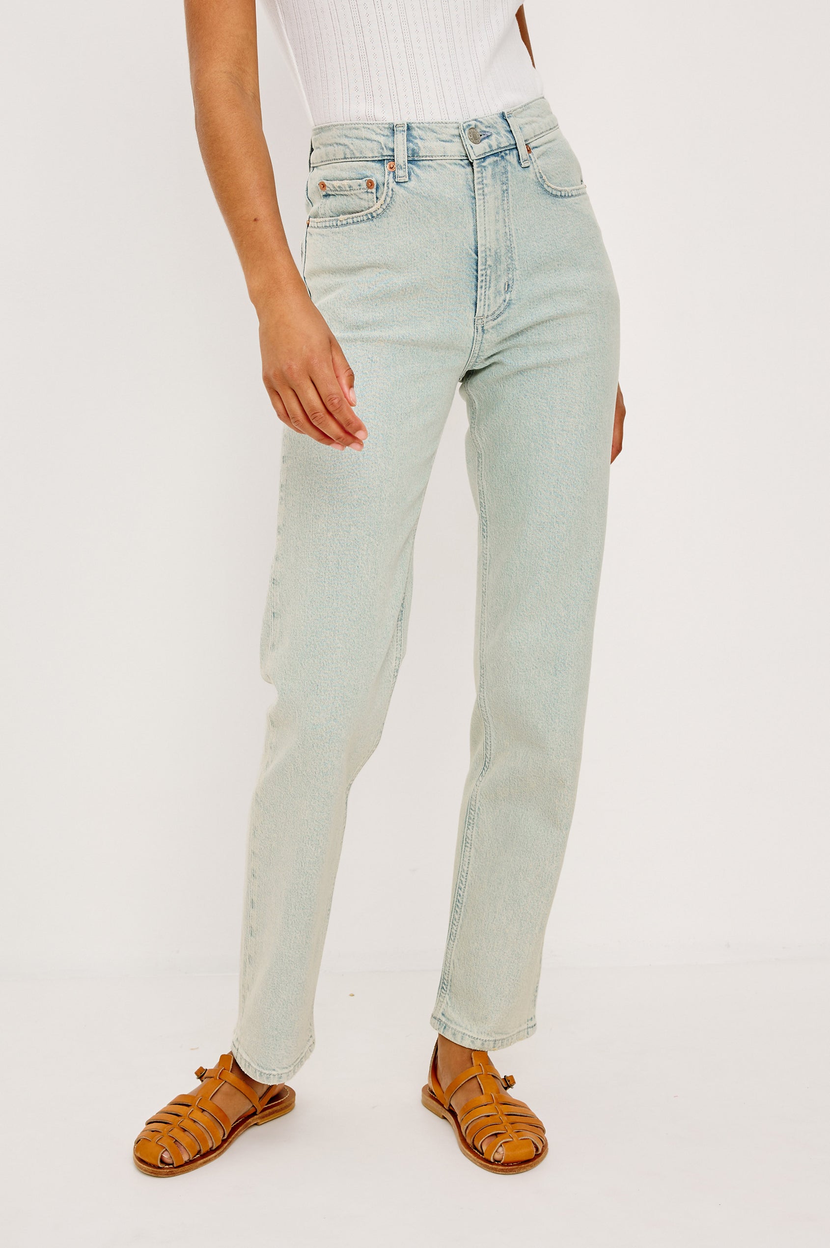 Topanga Straight Jean in Comfort Stretch Denim With High-Rise, 5-Pockets, and Front Zip Fly in Clearwater Colorway - Lower Body Front View Featured on Model