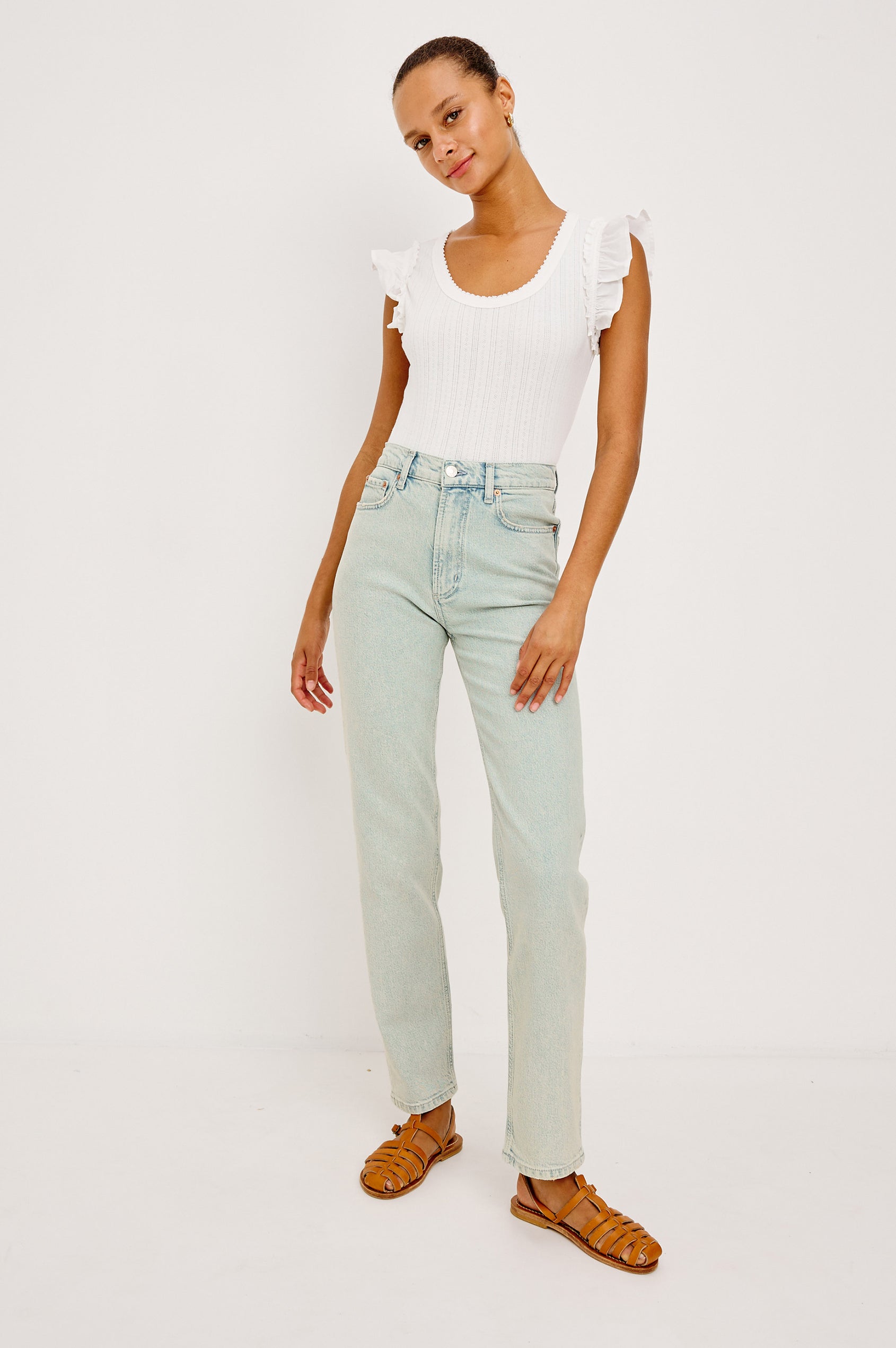 Topanga Straight Jean in Comfort Stretch Denim With High-Rise, 5-Pockets, and Front Zip Fly in Clearwater Colorway - Full Body Front View Featured on Model