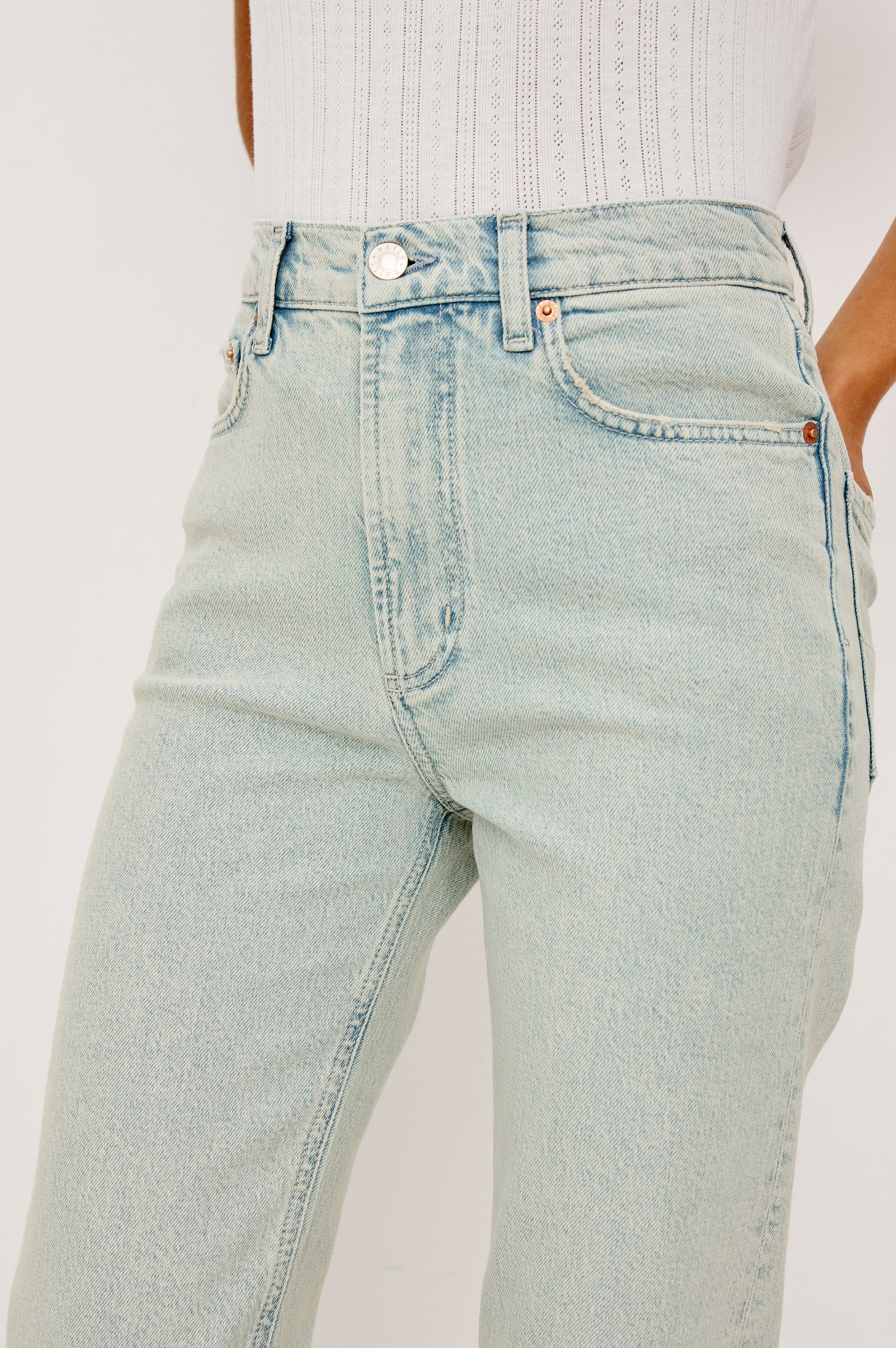 Topanga Straight Jean in Comfort Stretch Denim With High-Rise, 5-Pockets, and Front Zip Fly in Blue Vine Colorway - Full Body Front View Featured on Model Sitting