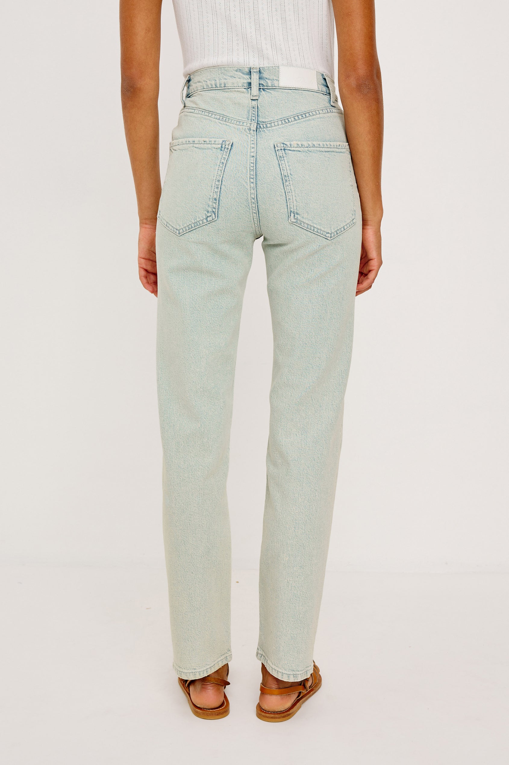 Topanga Straight Jean in Comfort Stretch Denim With High-Rise, 5-Pockets, and Front Zip Fly in Clearwater Colorway - Lower Body Back View Featured on Model