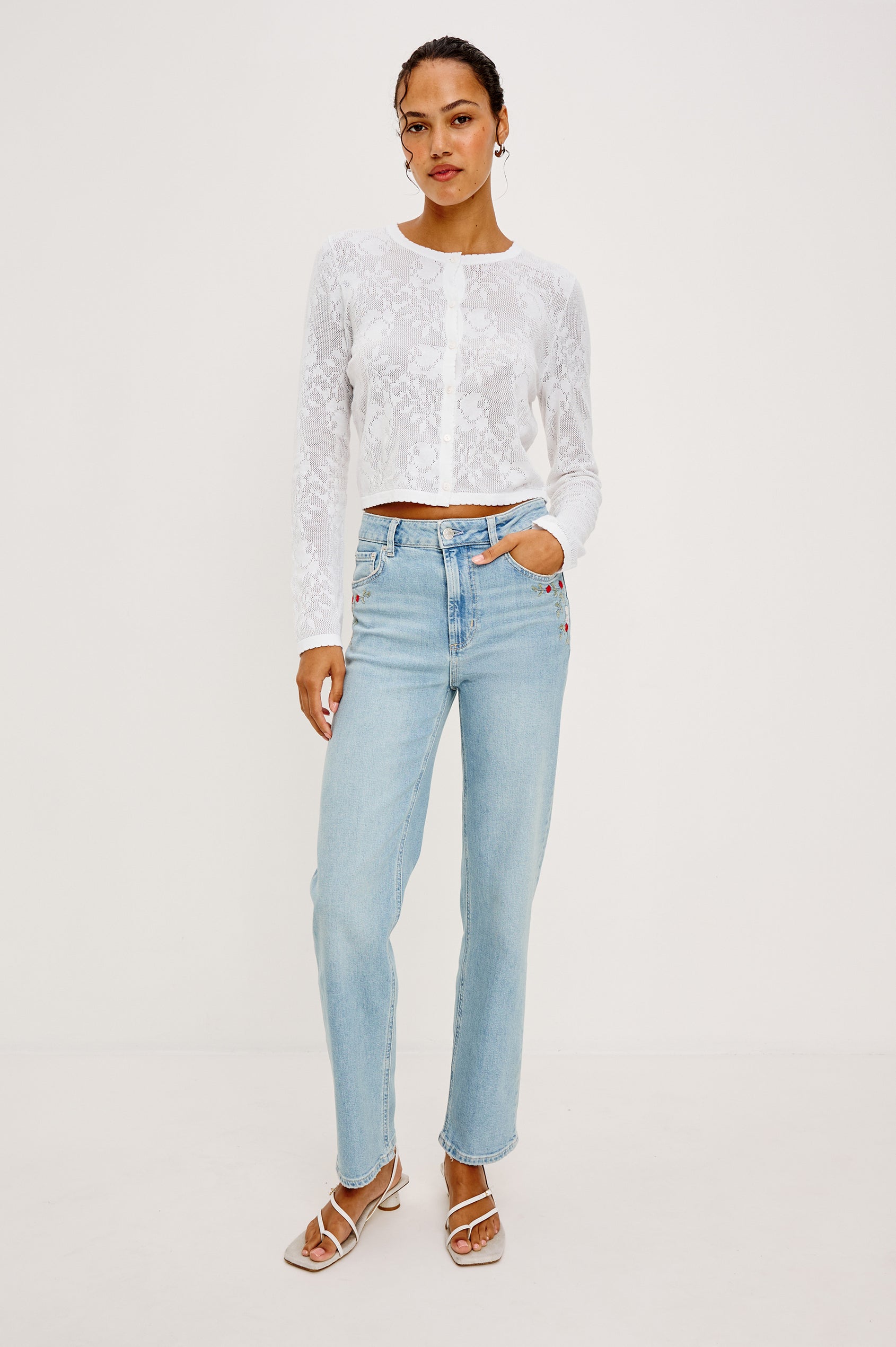 Topanga High-Rise Wide Straight Leg Jean in Denim With 5-Pockets, Embroidery, and Front Zip-Fly in Dainty Rose Colorway - Full Body Front View Featured on Model