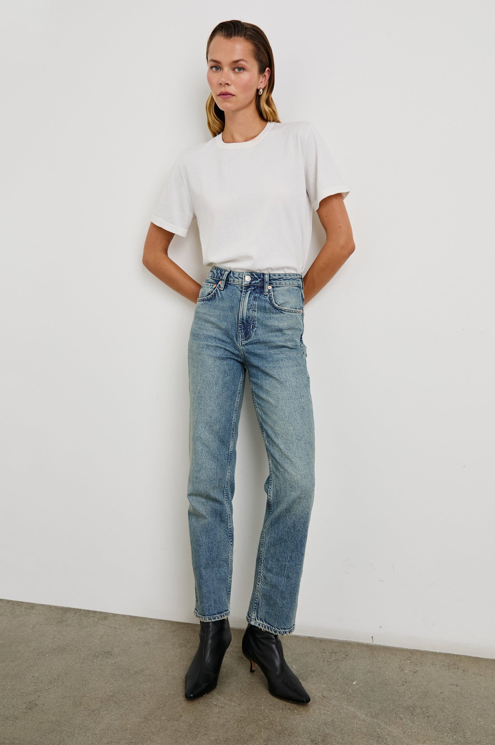 Topanga Straight Jeans with Belt Loops, Two Front Pockets plus a Coin Pocket and Two Back Patch Pockets in Desert Sky Colorway - Full Body Front View Featured on Model