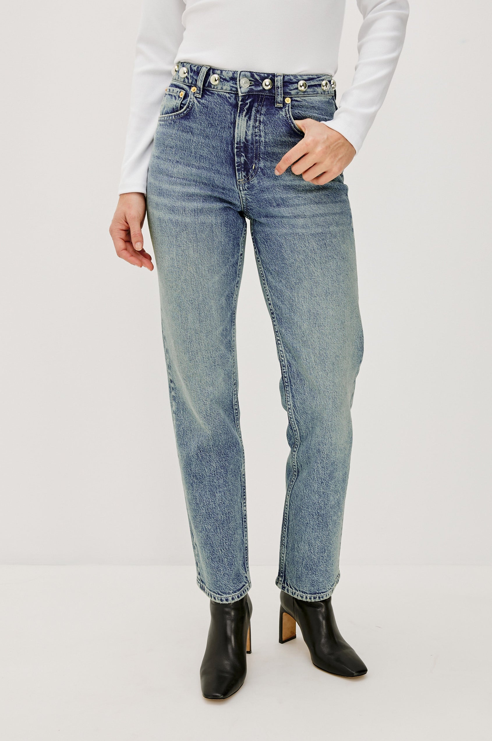 Topanga Straight Jeans with Belt Loops, Two Front Pockets plus a Coin Pocket and Two Back Patch Pockets in Desert Sky Studded Colorway - Front View Featured on Model.