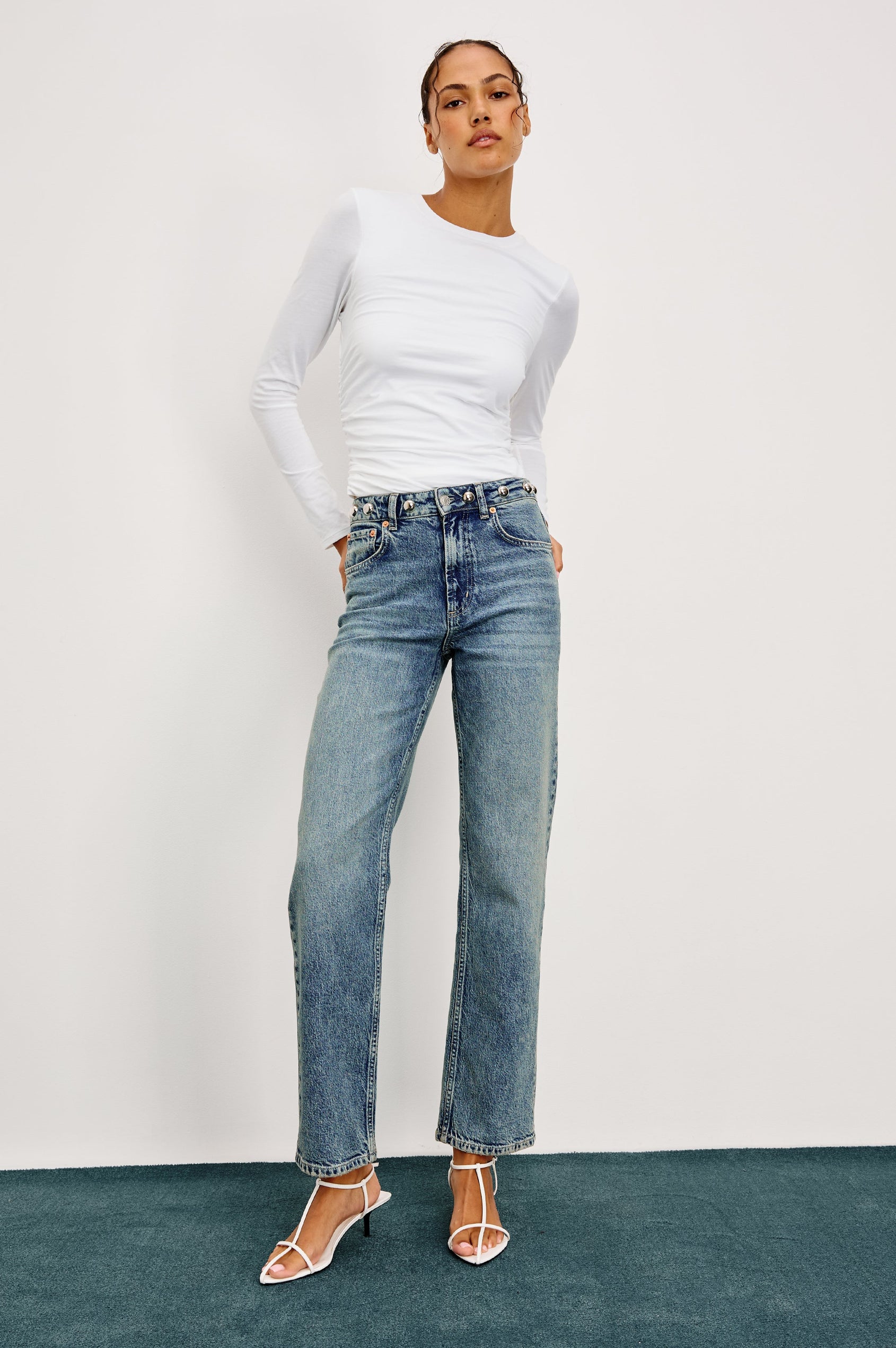 Topanga Straight Jeans with Belt Loops, Two Front Pockets plus a Coin Pocket and Two Back Patch Pockets in Desert Sky Studded Colorway - Full Body Front View Featured on Model.