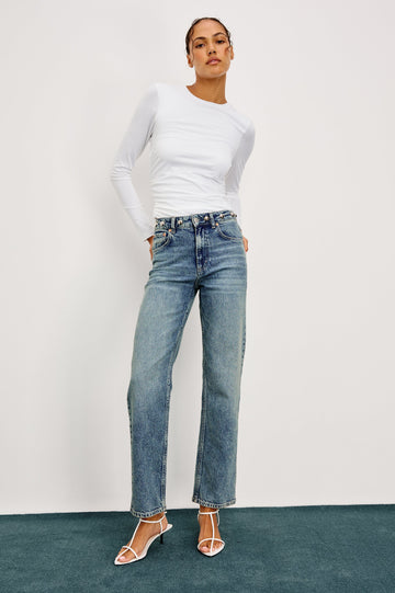 Topanga Straight Jeans with Belt Loops, Two Front Pockets plus a Coin Pocket and Two Back Patch Pockets in Desert Sky Studded Colorway - Full Body Front View Featured on Model.