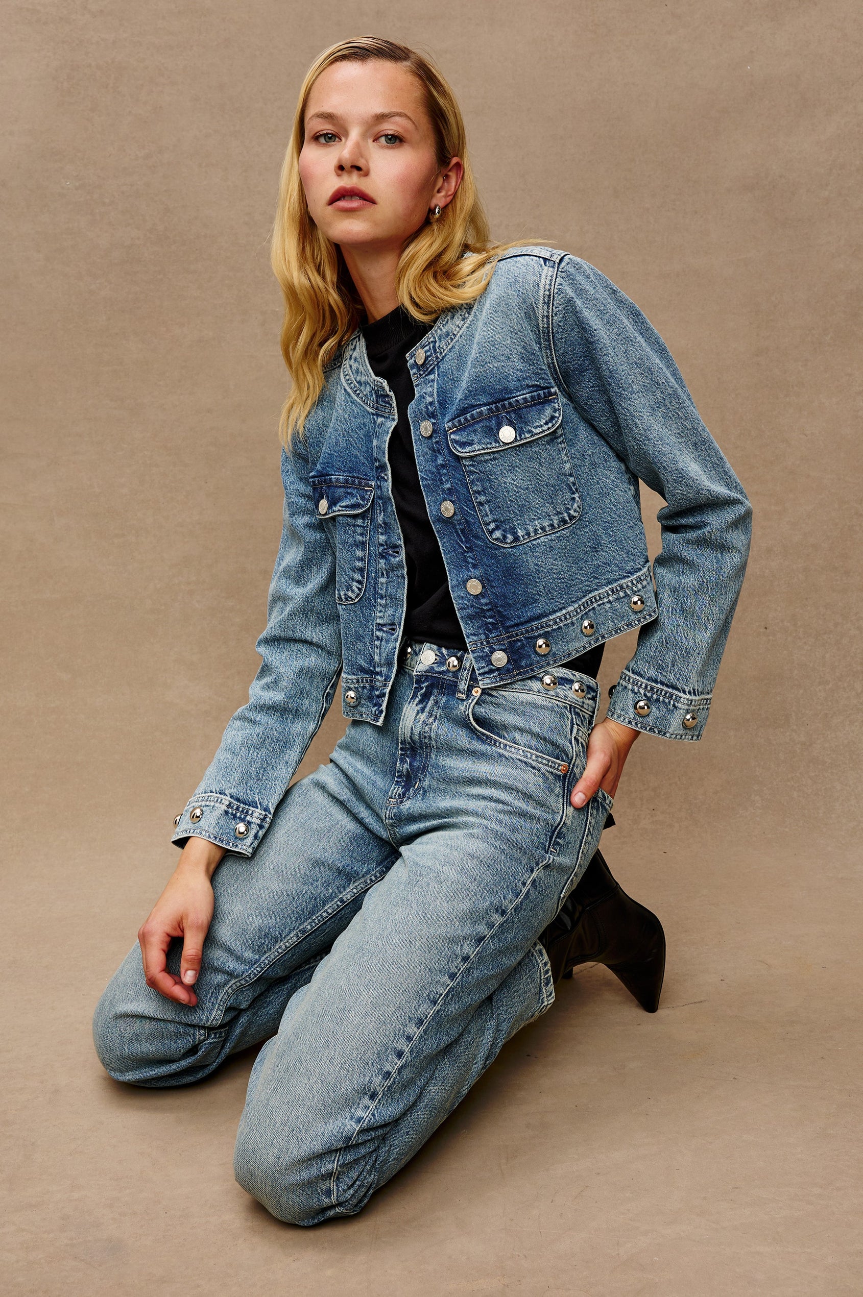 Topanga Straight Jeans with Belt Loops, Two Front Pockets plus a Coin Pocket and Two Back Patch Pockets in Desert Sky Studded Colorway - Front View Featured on Model.