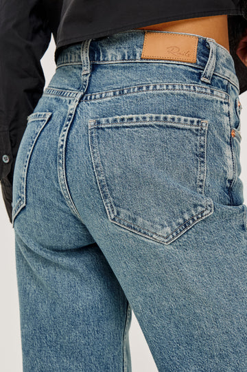 Topanga High-Rise Wide Straight Leg Jean in Denim With 5-Pockets and Front Zip-Fly in Desert Sky Colorway - Lower Body Back View Featured on Model