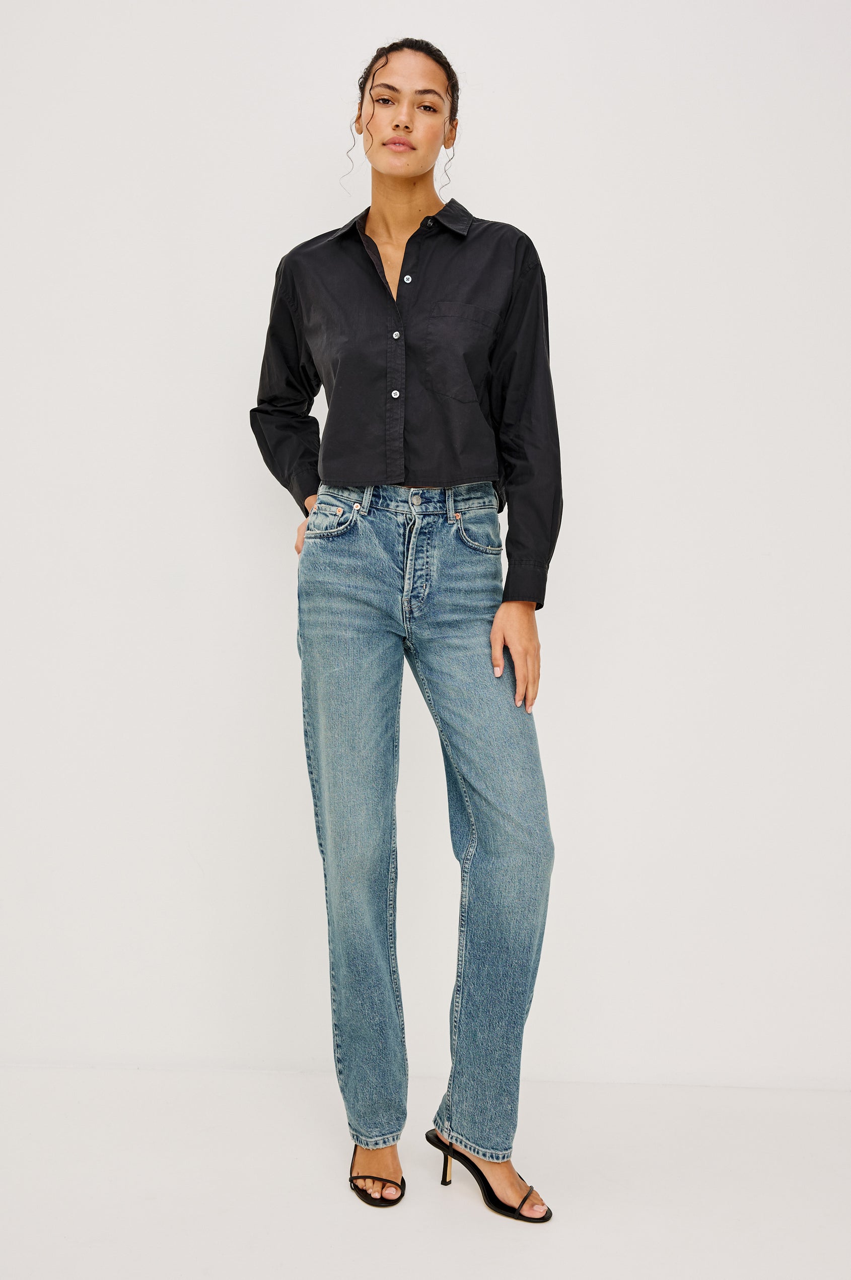 Topanga High-Rise Wide Straight Leg Jean in Denim With 5-Pockets and Front Zip-Fly in Desert Sky Colorway - Full Body Front View Featured on Model