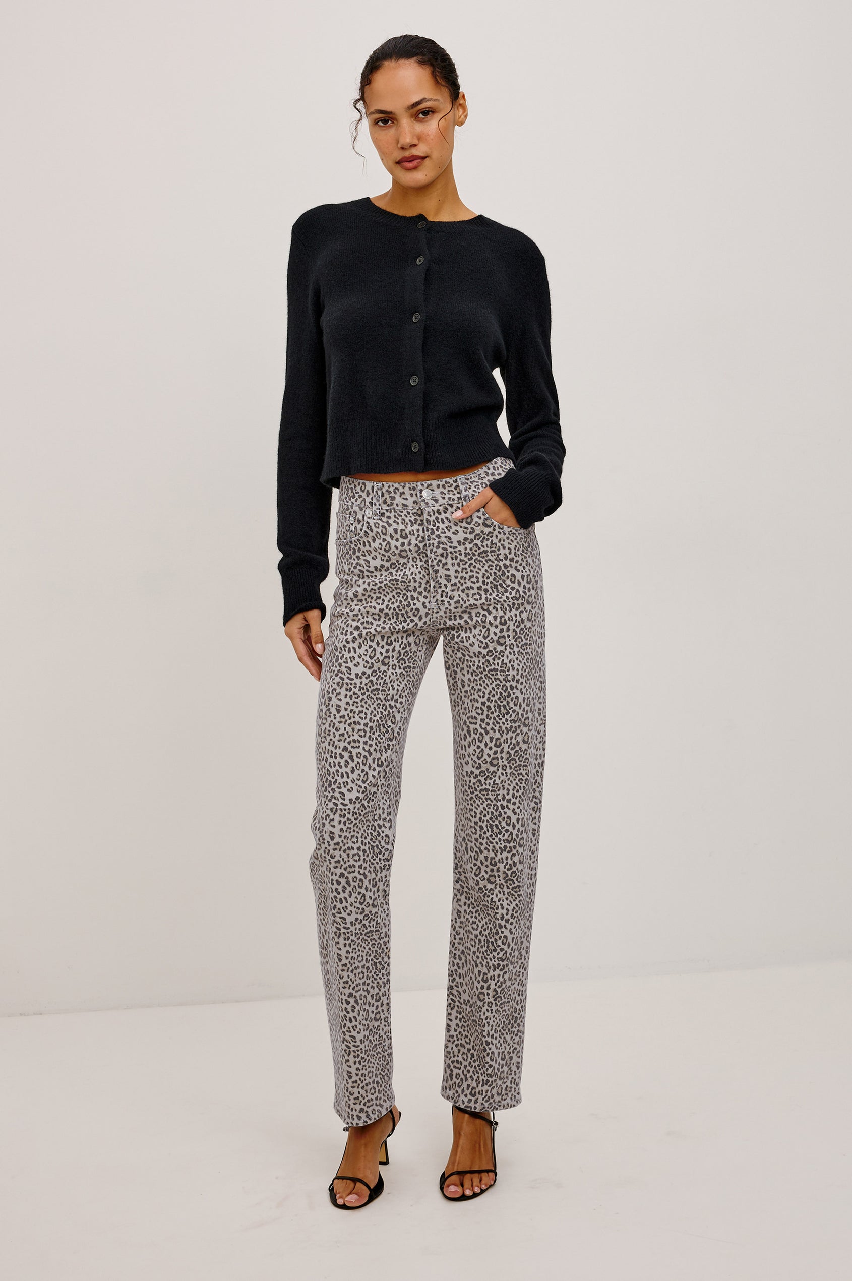 Topanga Straight Leg Jean in Comfort-Stretch Denim With High-Rise, 5-Pockets, and Zipper Fly in Ecru Cheetah Colorway -