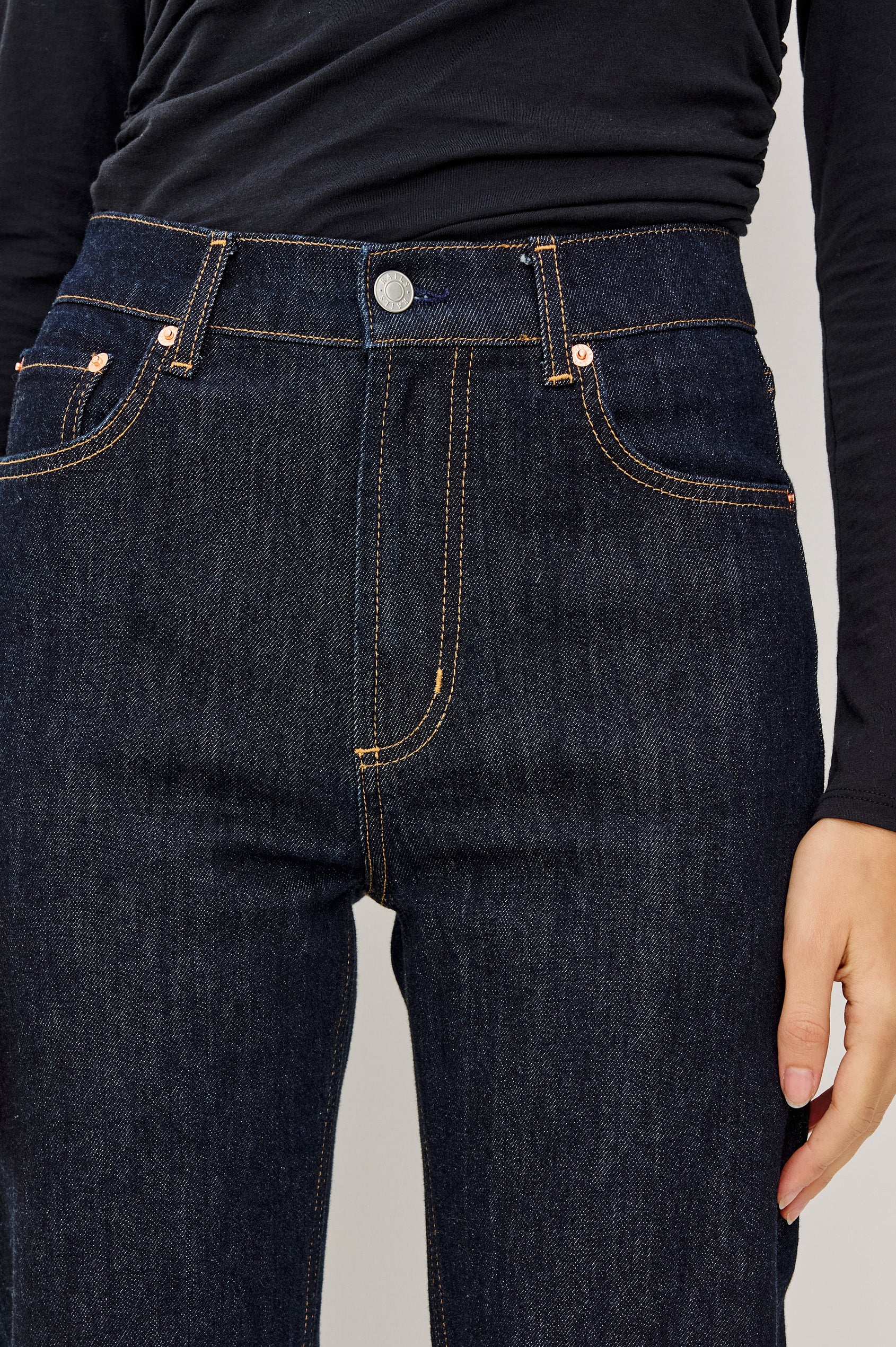 Topanga High-Rise Wide Straight Leg Jean in Dark Wash Denim With 5-Pockets and a Front Zip-Fly in Midnight Blues Colorway - Lower Body Back View Featured on Model