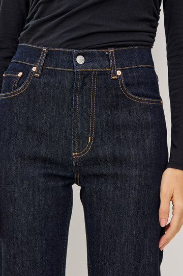 Topanga High-Rise Wide Straight Leg Jean in Dark Wash Denim With 5-Pockets and a Front Zip-Fly in Midnight Blues Colorway - Lower Body Back View Featured on Model