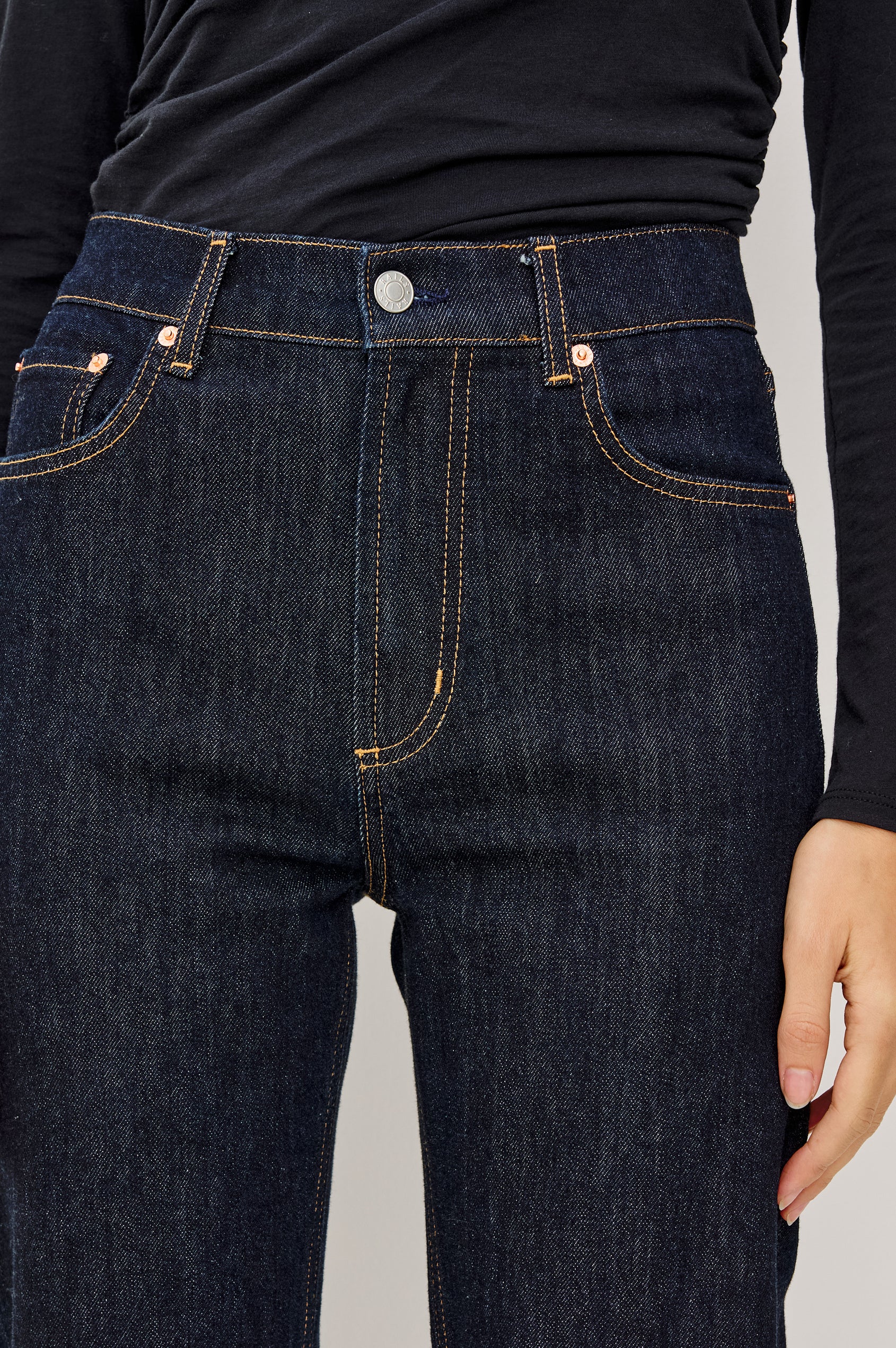 Topanga High-Rise Wide Straight Leg Jean in Dark Wash Denim With 5-Pockets and a Front Zip-Fly in Midnight Blues Colorway - Lower Body Back View Featured on Model