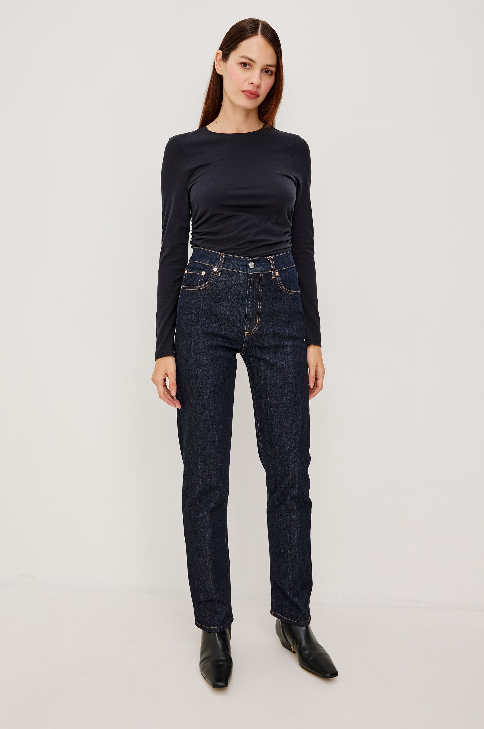 Del Mar Low-Rise WIde Straight Leg Jean Rigid Dark Wash Denim With Wide Straight Legs, Saddle Seam Detailing, in Onyx Colorway - Full Body Front View Featured on Model