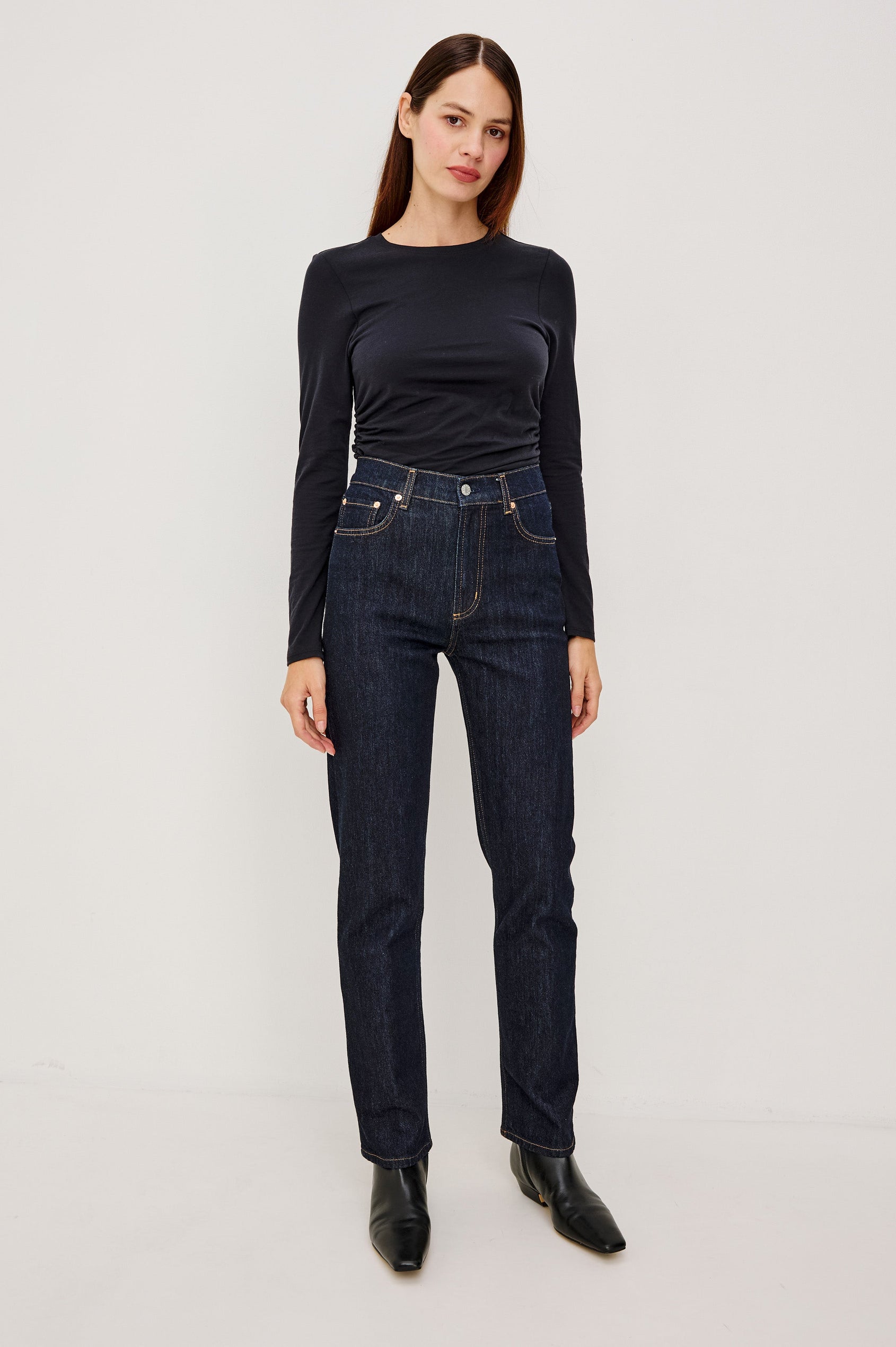 Del Mar Low-Rise WIde Straight Leg Jean Rigid Dark Wash Denim With Wide Straight Legs, Saddle Seam Detailing, in Onyx Colorway - Full Body Front View Featured on Model