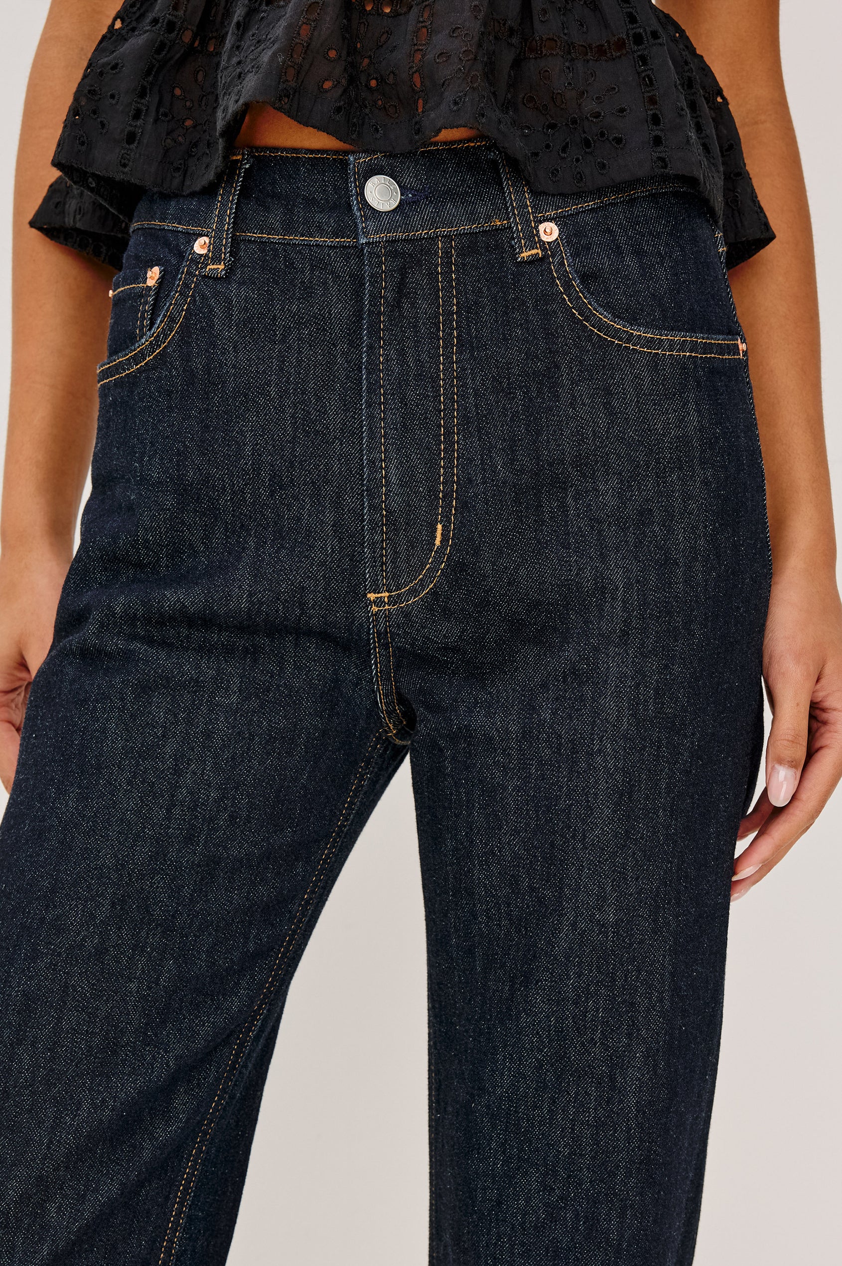 Topanga High-Rise Wide Straight Leg Jean in Dark Wash Denim With 5-Pockets and a Front Zip-Fly in Midnight Blues Colorway - Close up Front View Featured on Model