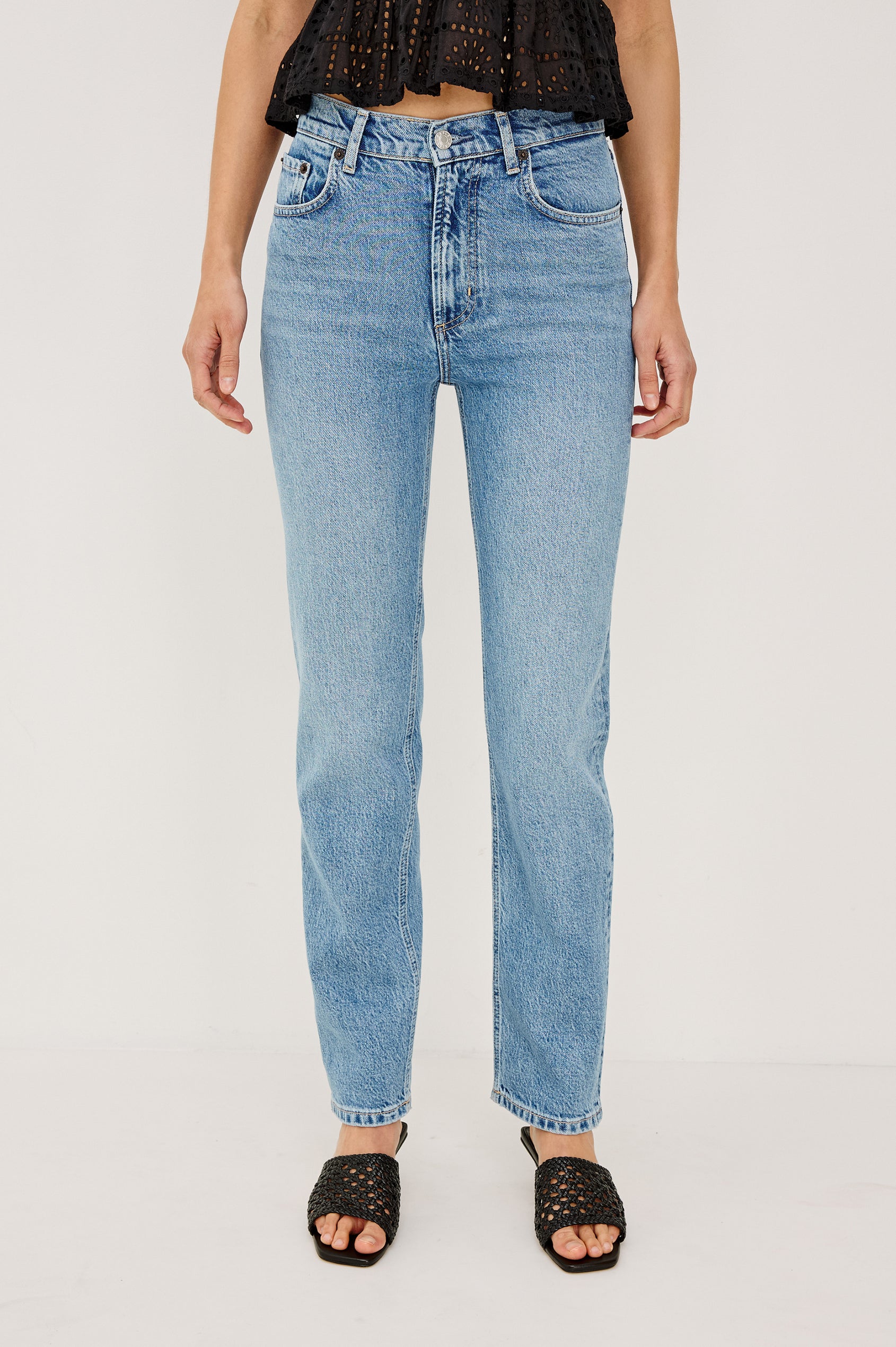 Topanga High-Rise Wide Straight Leg Jean in With 5-Pockets and a Front Zip-Fly in Old Indigo Colorway - Lower Body Front View Featured on Model