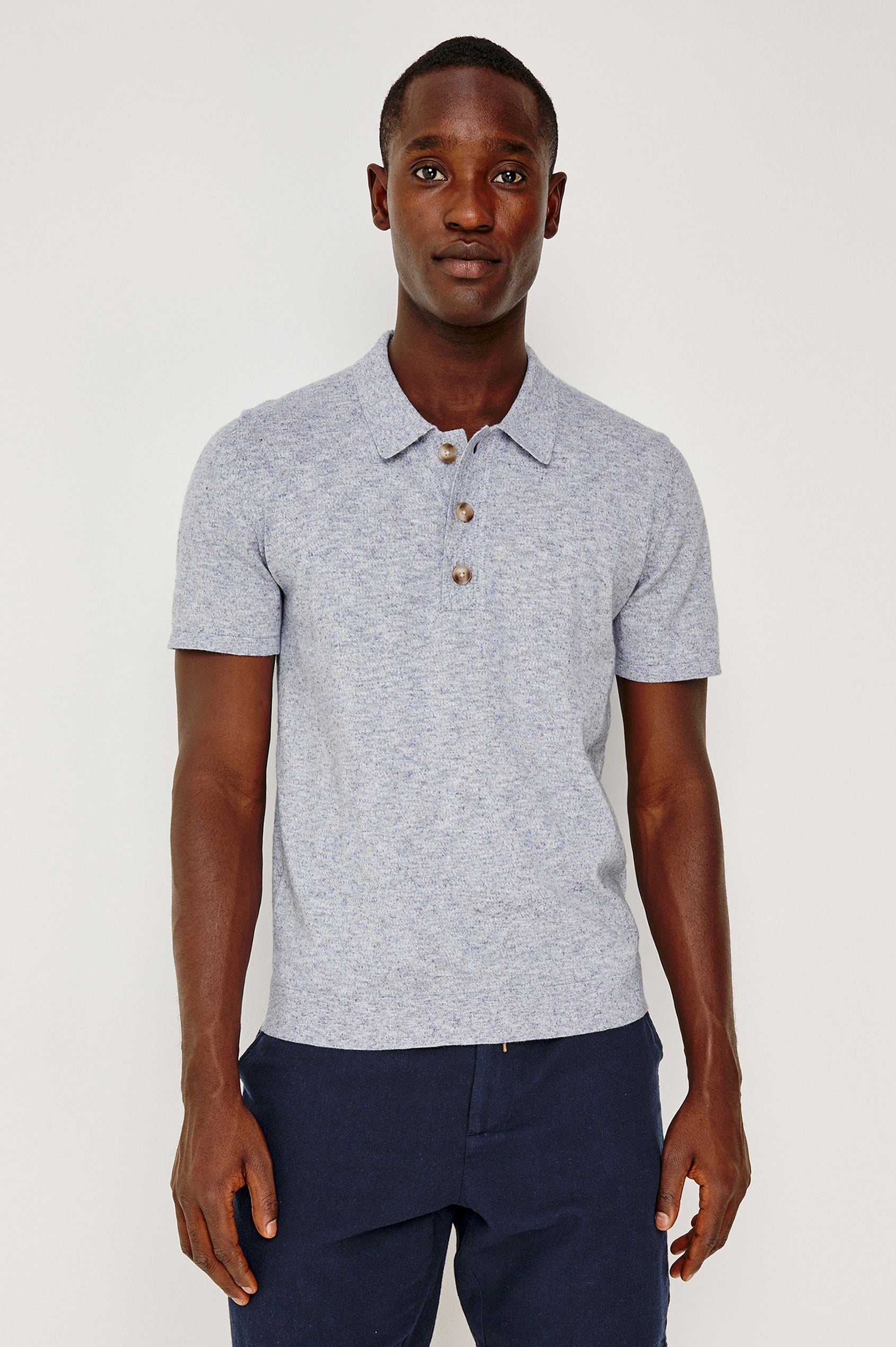 Torin Polo Shirt in Soft Heathered Jersey With Collar, Half Placket, and Short Sleeves in Tidal Haze Colorway - Upper Body Front View Featured on Model