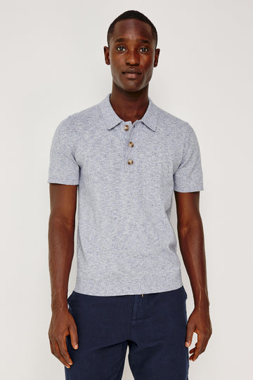 Torin Polo Shirt in Soft Heathered Jersey With Collar, Half Placket, and Short Sleeves in Tidal Haze Colorway - Upper Body Front View Featured on Model