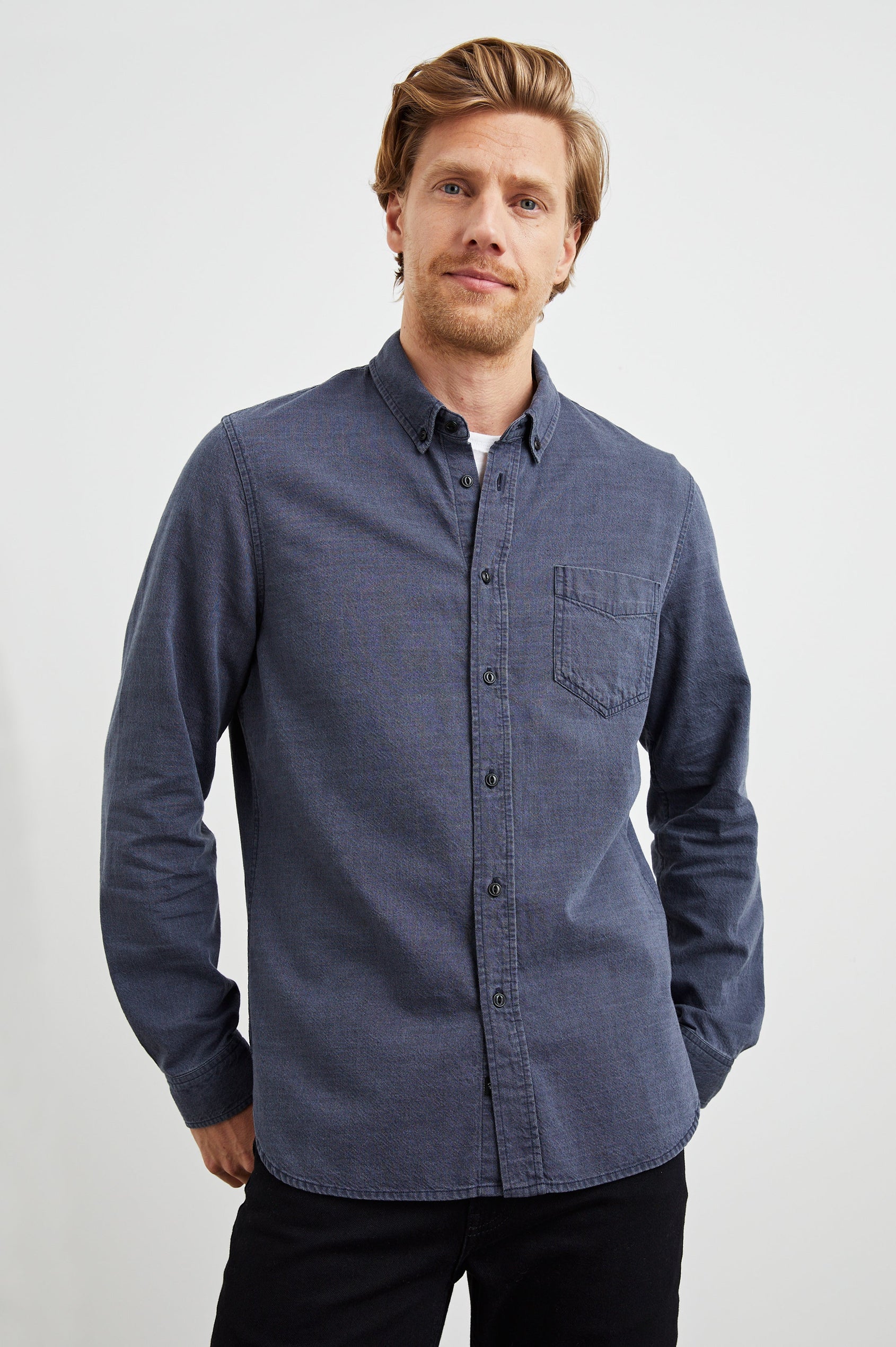 Tristan Long-Sleeve Button Down with a Chest Patch Pocket in Mountain Eclipse Colorway, a blue - Front View Featured on Model