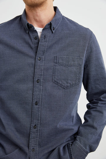 Tristan Long-Sleeve Button Down with a Chest Patch Pocket in Mountain Eclipse Colorway, a blue - Front View Featured on Model