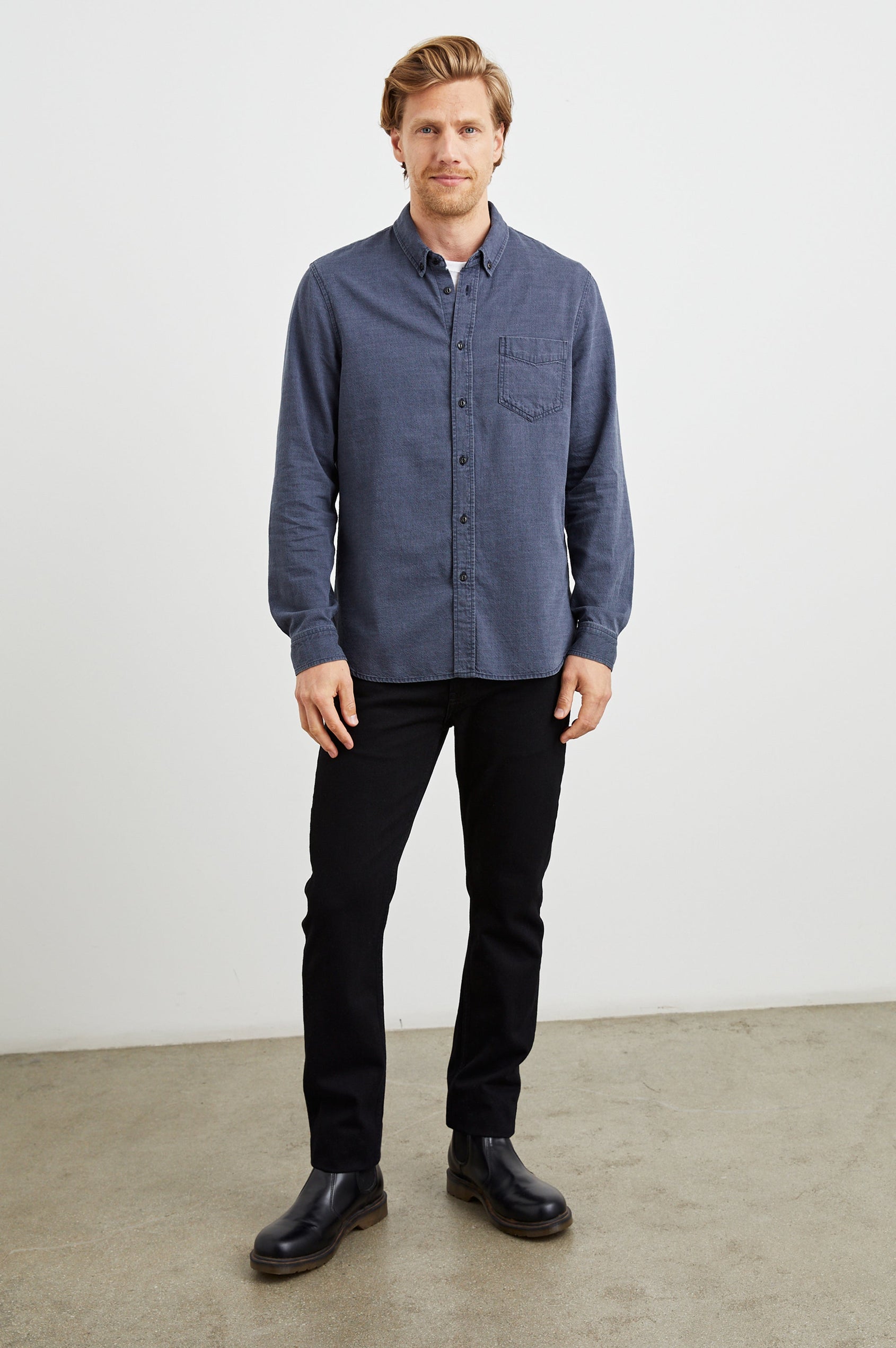 Tristan Long-Sleeve Button Down with a Chest Patch Pocket in Mountain Eclipse Colorway, a blue - Front Full Body View Featured on Model