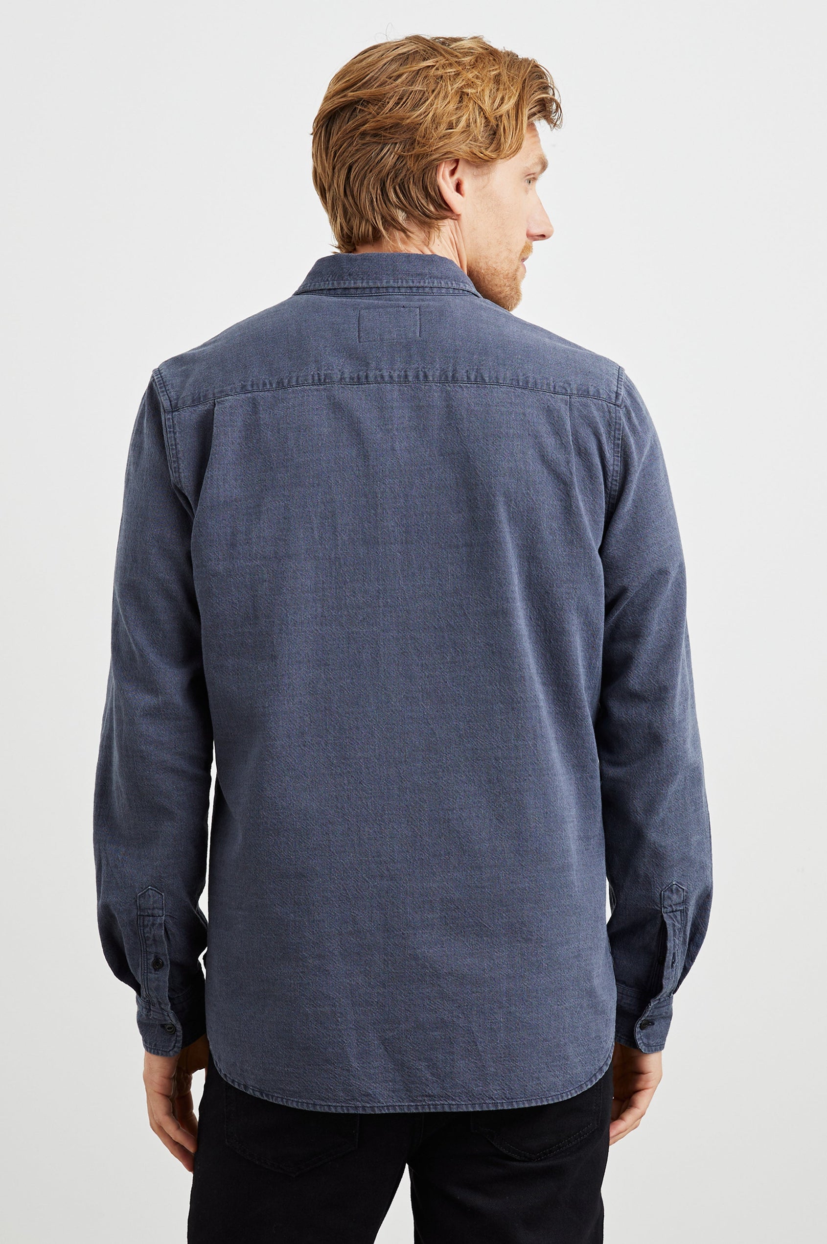 Tristan Long-Sleeve Button Down with a Chest Patch Pocket in Mountain Eclipse Colorway, a blue - Back View Featured on Model