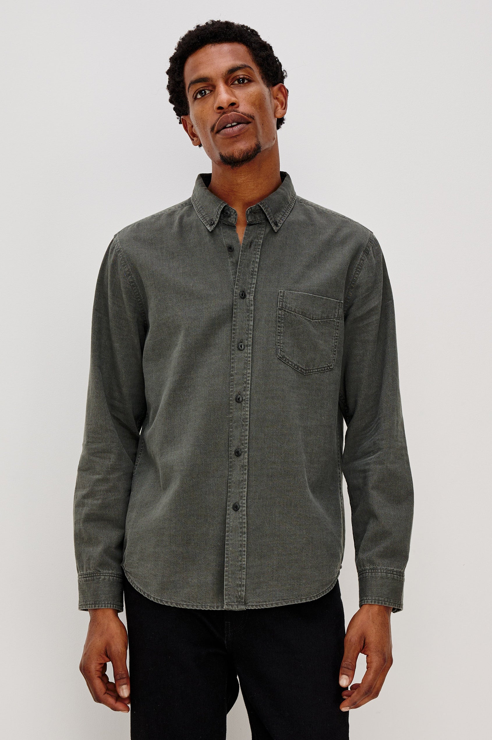 Tristan Long-Sleeve Button Down with a Chest Patch Pocket in Shadow Pass Colorway, a washed black/grey  - Front View Featured on Model