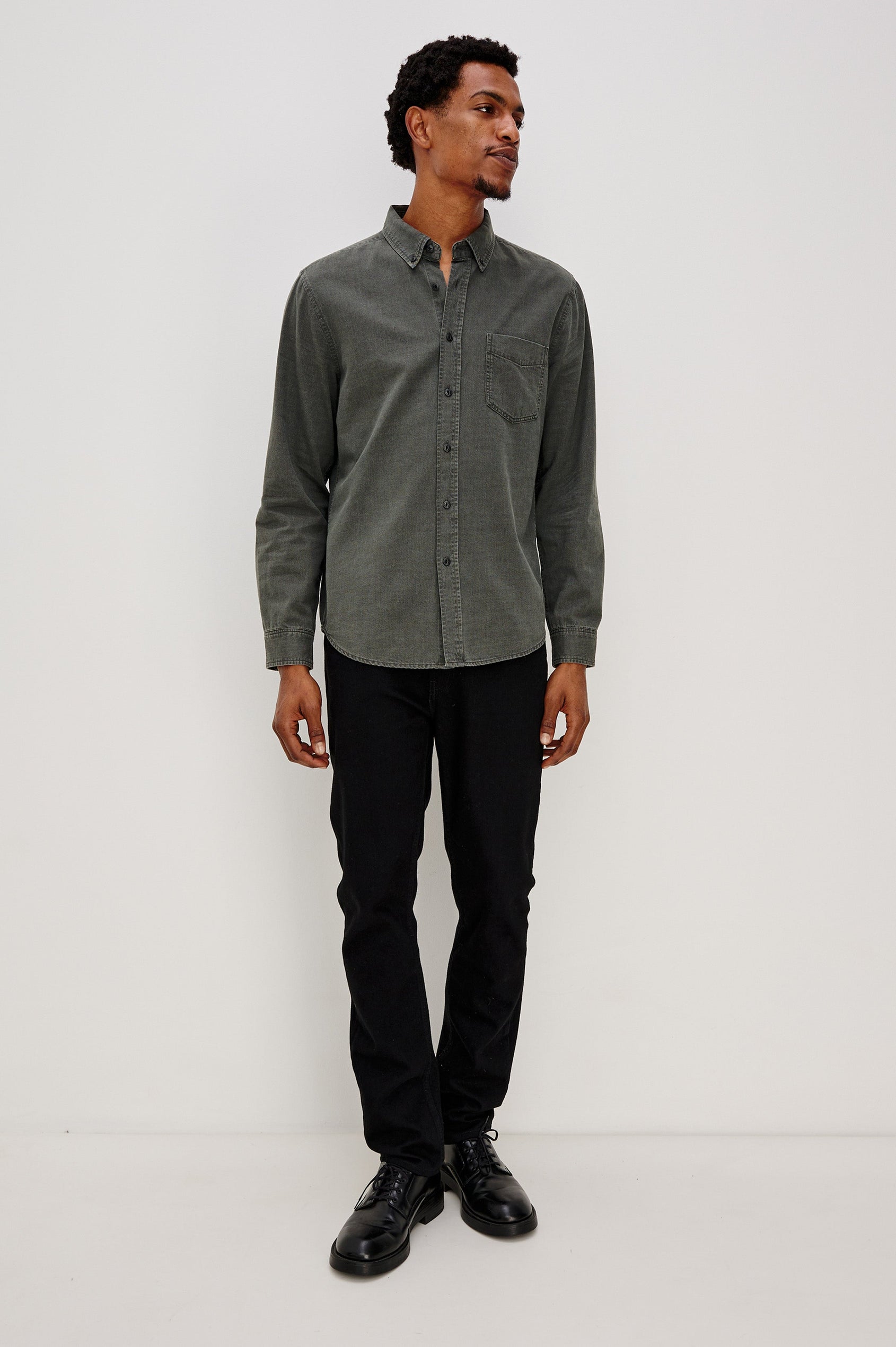 Tristan Long-Sleeve Button Down with a Chest Patch Pocket in Shadow Pass Colorway, a washed black/grey  - Front Full Body View Featured on Model