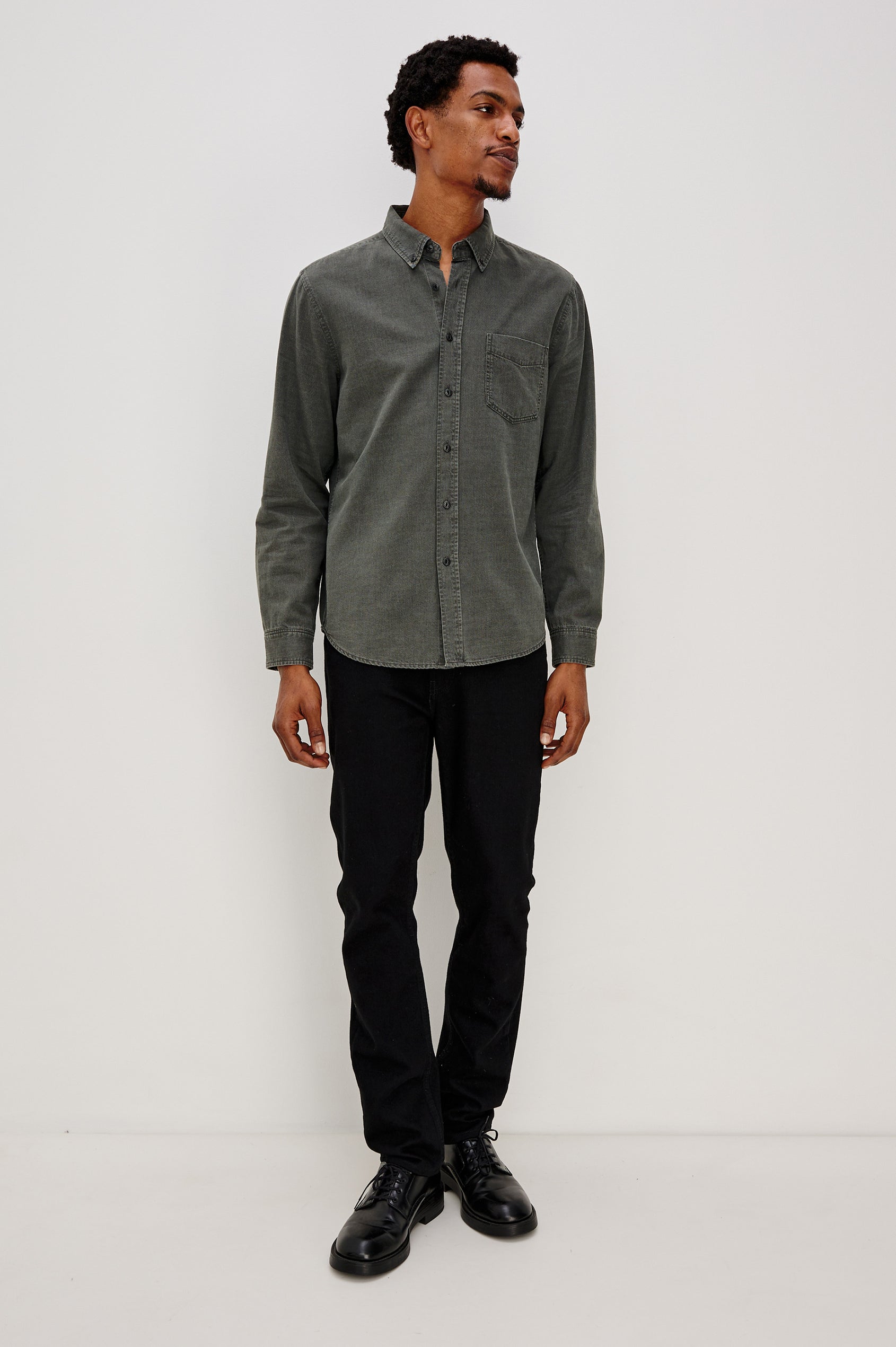 Tristan Long-Sleeve Button Down with a Chest Patch Pocket in Shadow Pass Colorway, a washed black/grey  - Front Full Body View Featured on Model