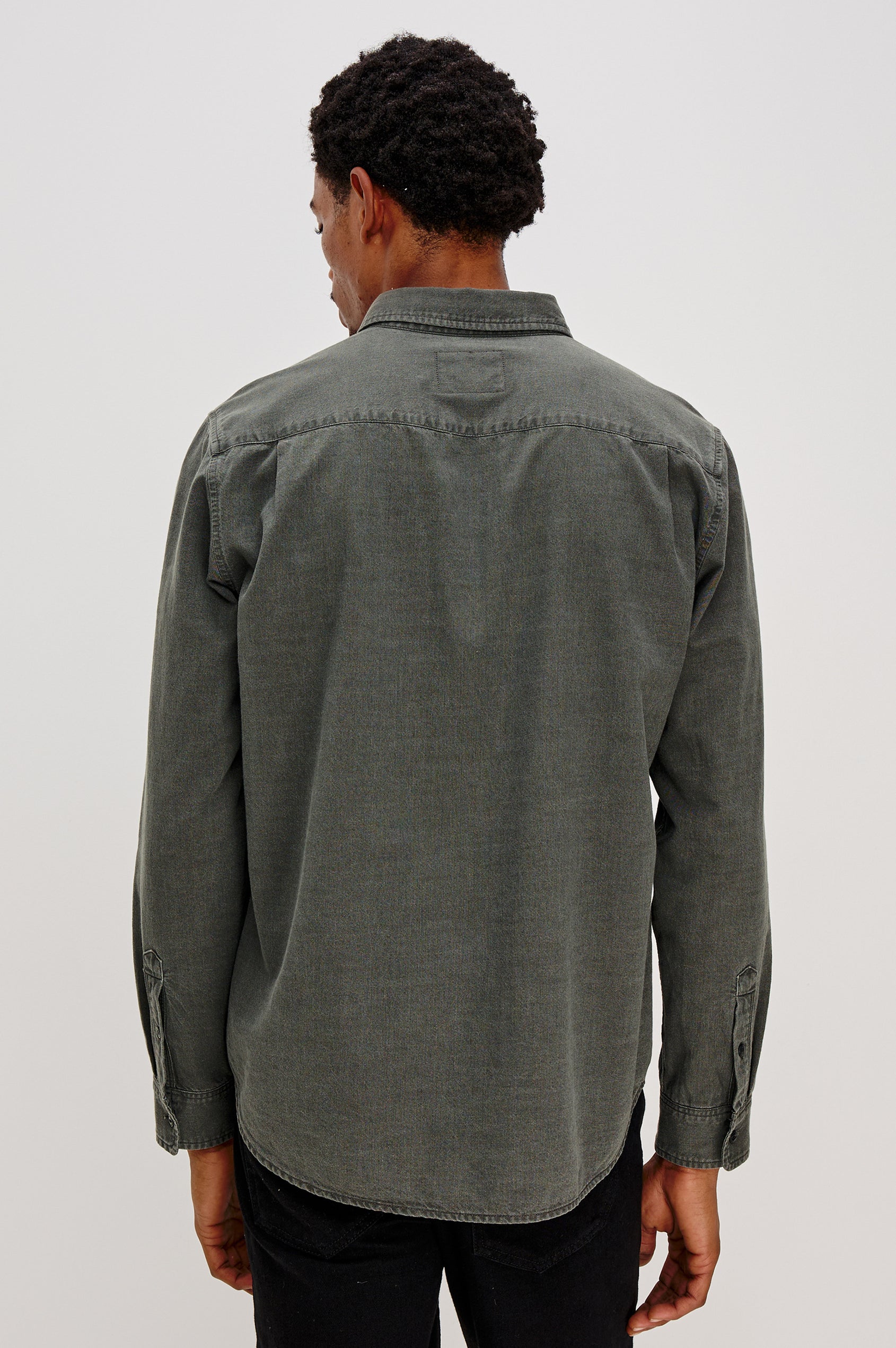 Tristan Long-Sleeve Button Down with a Chest Patch Pocket in Shadow Pass Colorway, a washed black/grey  - Back View Featured on Model
