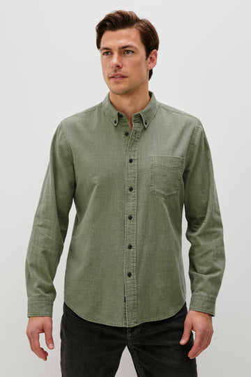 Tristan Long-Sleeve Button Down with a Chest Patch Pocket in Surplus Colorway, a olive green  - Front View Featured on Model