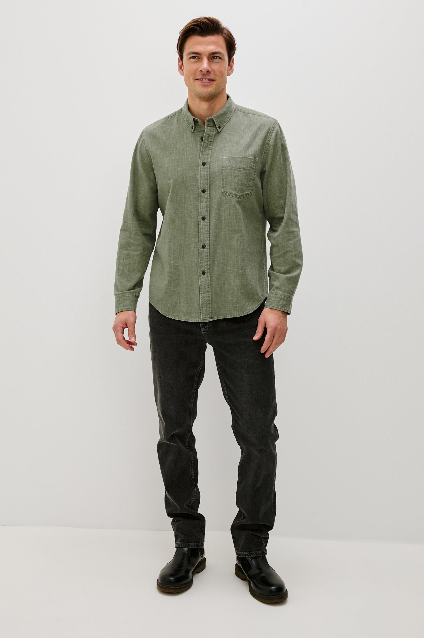 Tristan Long-Sleeve Button Down with a Chest Patch Pocket in Surplus Colorway, a olive green  - Front Full Body View Featured on Model