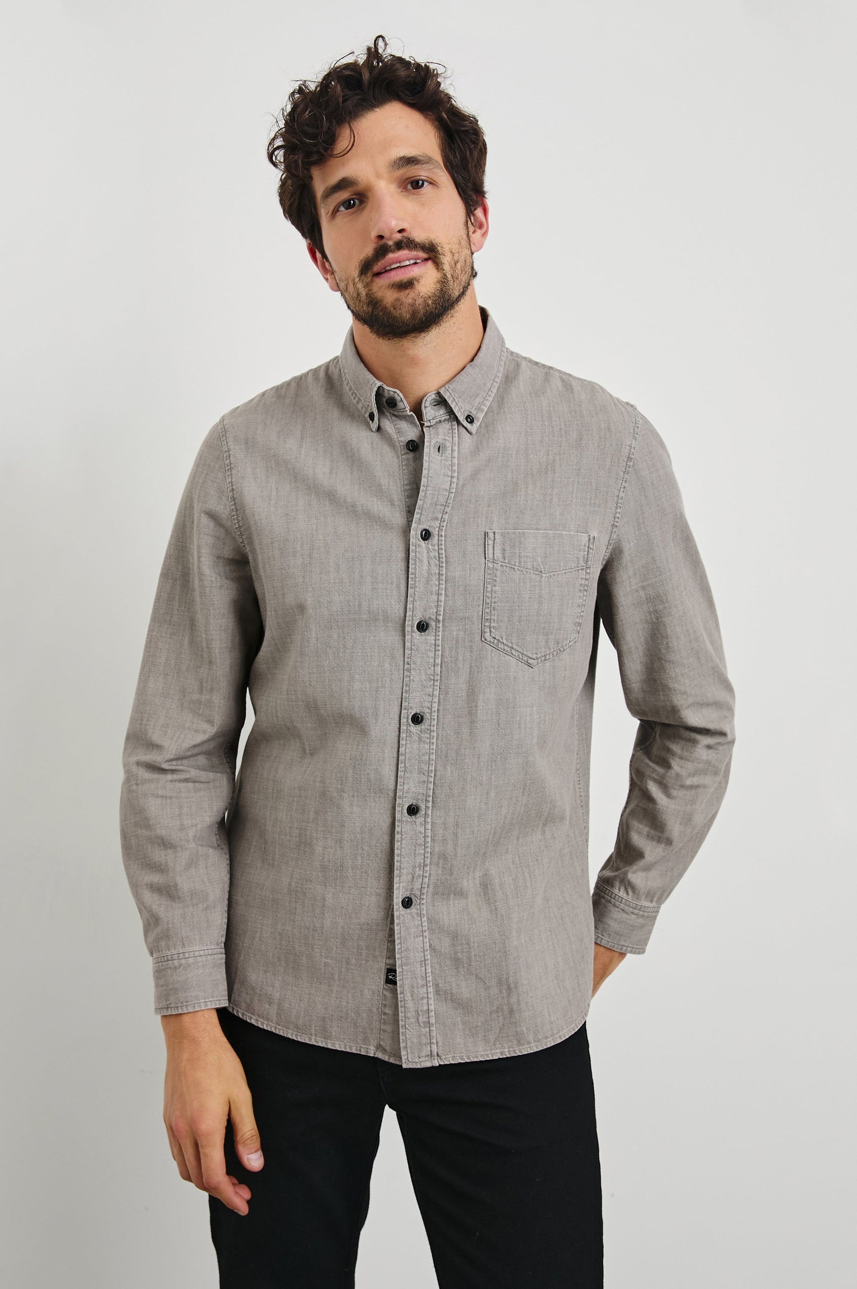 Tristan Long-Sleeve Button Down with a Chest Patch Pocket in Trail Mix Colorway, a brownish grey - Front View Featured on Model