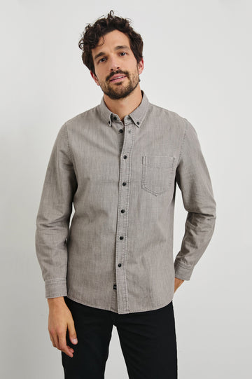Tristan Long-Sleeve Button Down with a Chest Patch Pocket in Trail Mix Colorway, a brownish grey - Front View Featured on Model