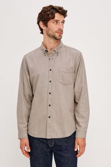 Tristan Long-Sleeve Button Down with a Chest Patch Pocket in Trail Mix Colorway, a brownish grey - Front View Featured on Seated Model