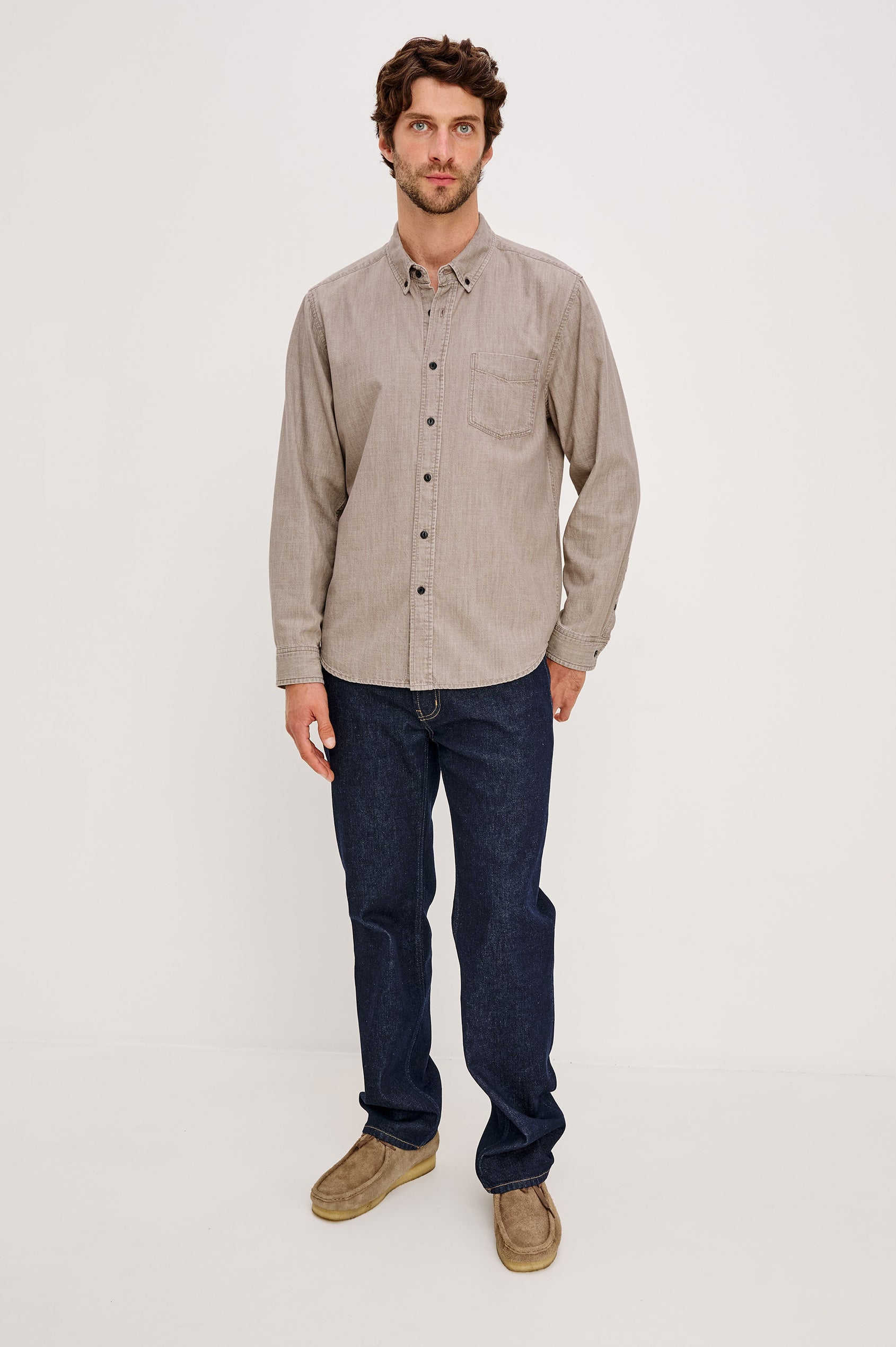 Tristan Long-Sleeve Button Down with a Chest Patch Pocket in Trail Mix Colorway, a brownish grey - Front Full Body View Featured on Seated Model
